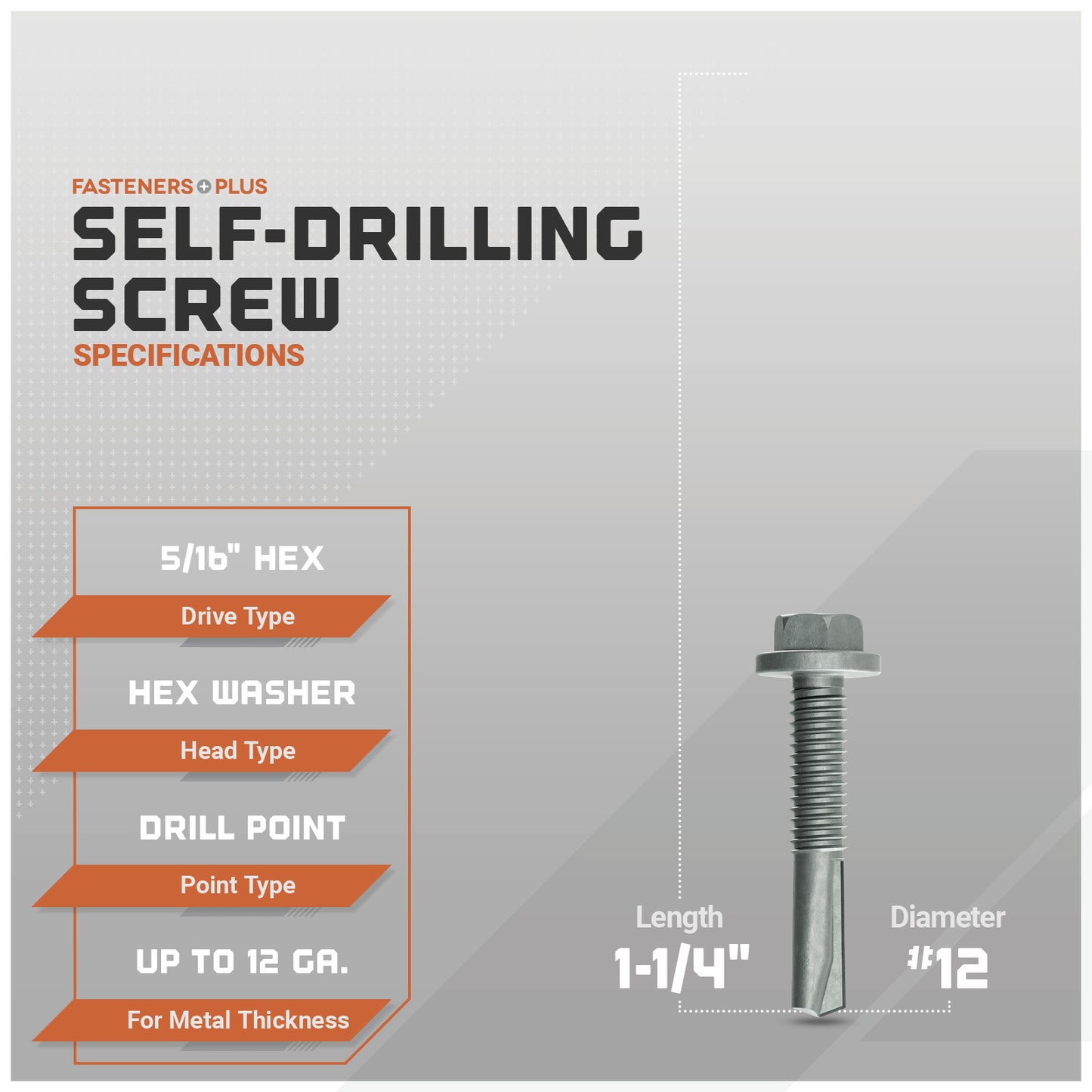 Self-drilling screw with specifications on a gray background
