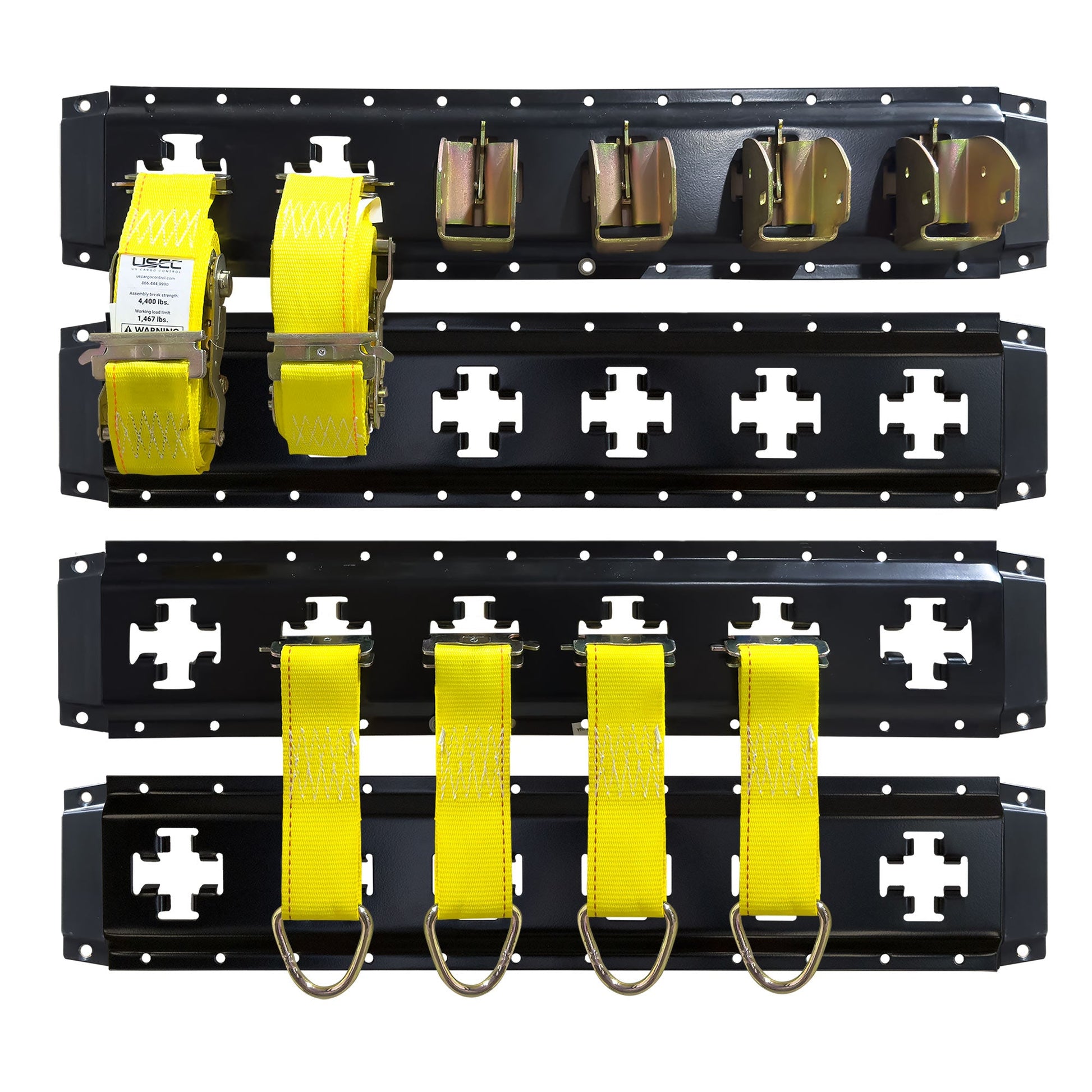 x-track storage kit with x-track, straps, tie-offs, wood end sockets, and end caps.