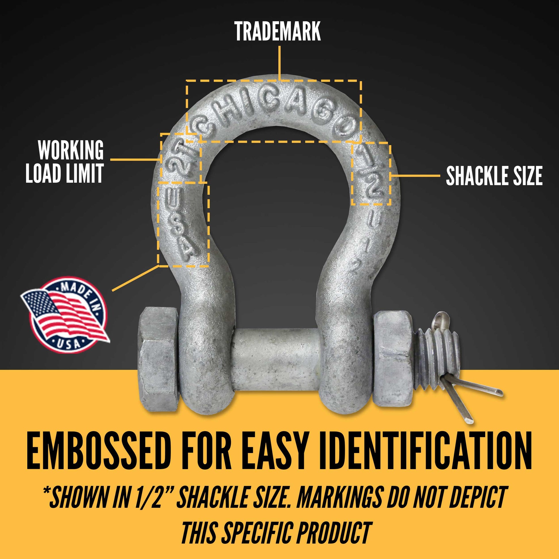 Bolt Type Anchor Shackle - Chicago Hardware - 1-1/4" Galvanized Steel - 12 Ton embossed for easy identification