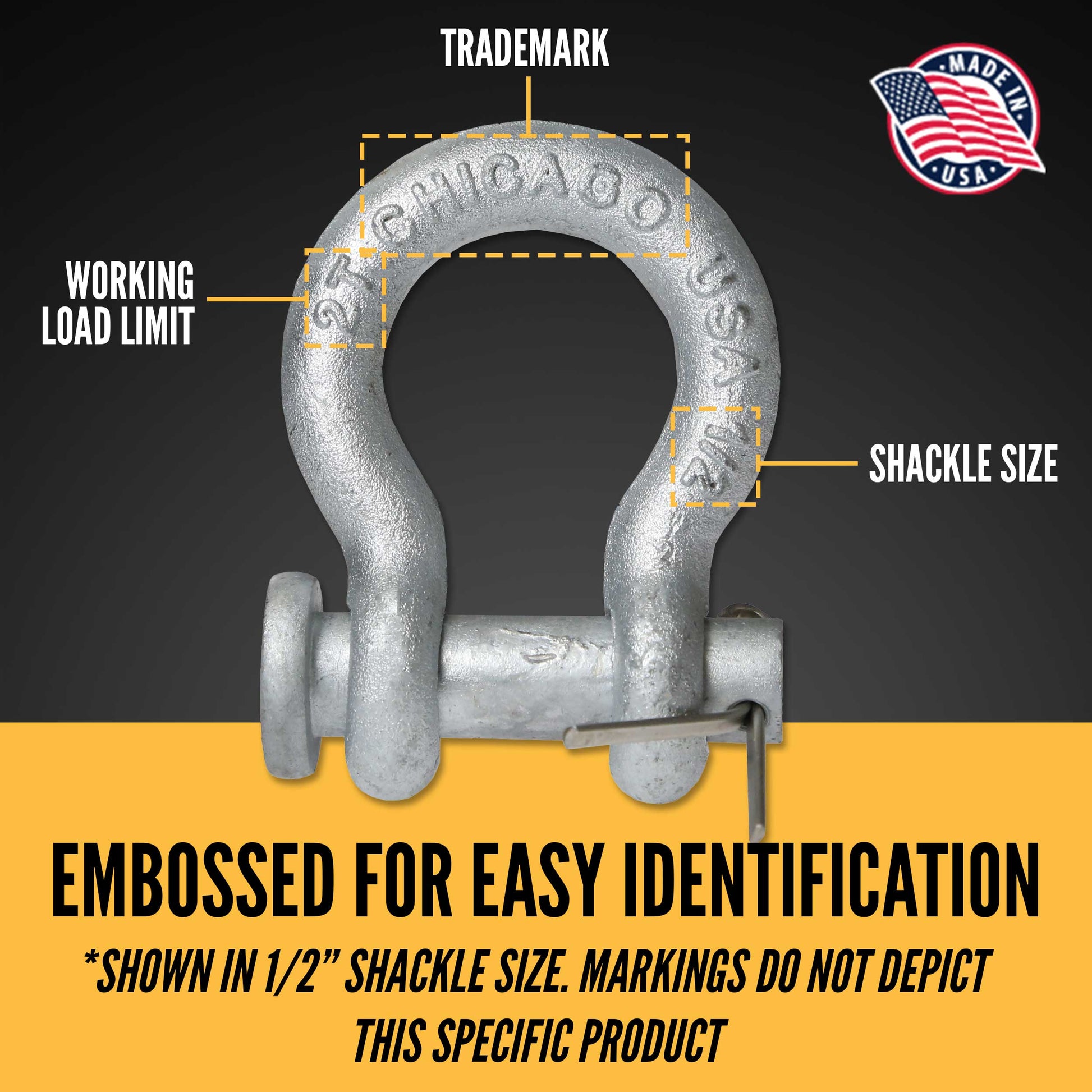 Anchor Shackle - Chicago Hardware - Round Pin - 1-1/8" Galvanized Steel - 9.5 Ton embossed for easy identification