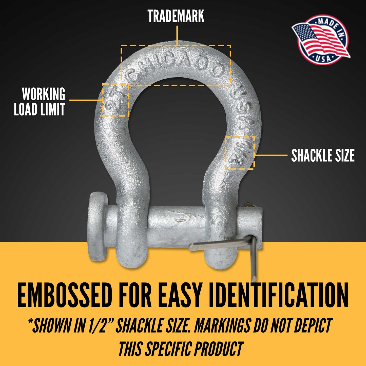 Anchor Shackle - Chicago Hardware - Round Pin - 3/8" Galvanized Steel - 1 Ton embossed for easy identification