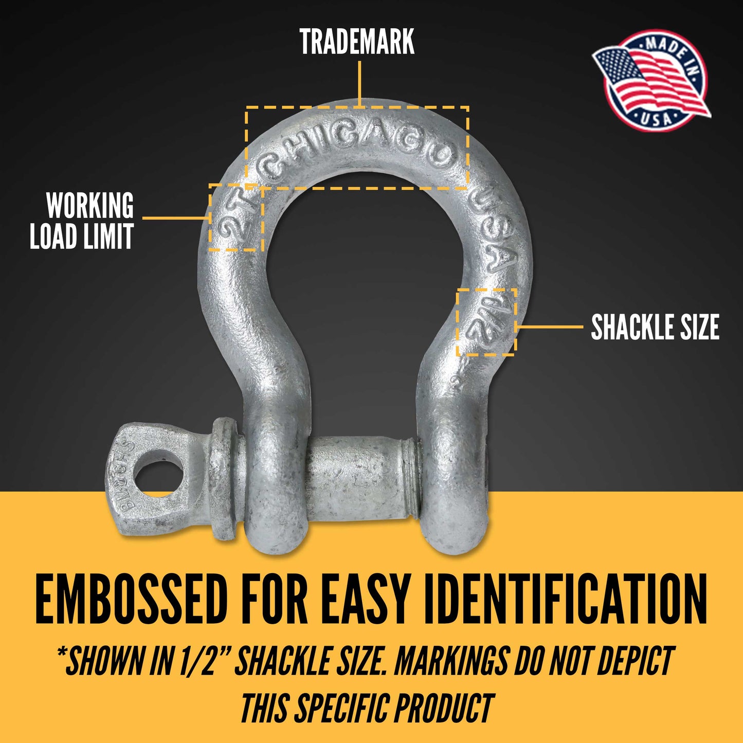 Screw Pin Anchor Shackle - Chicago Hardware - 7/16" Galvanized Steel - 1.5 Ton embossed for easy identification