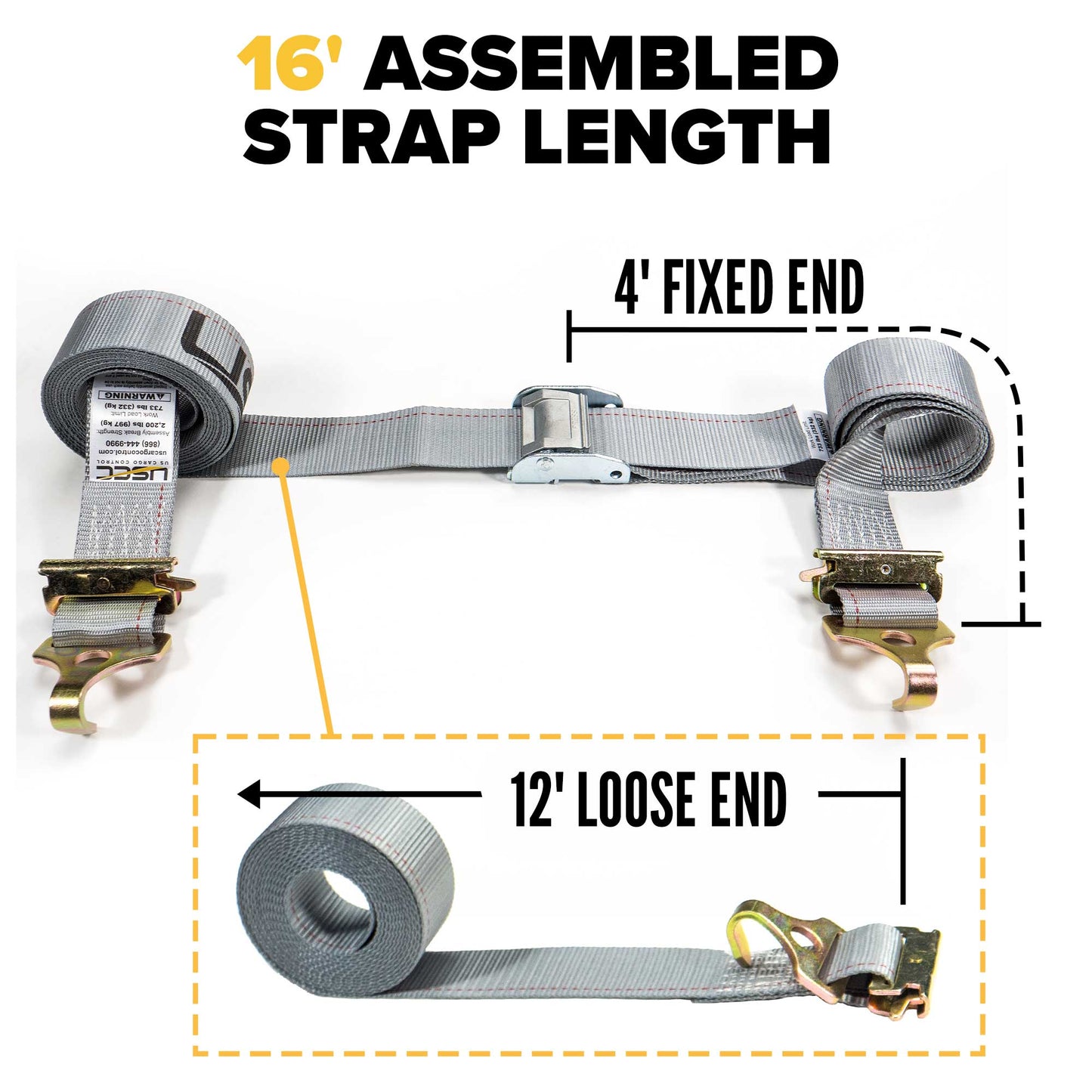 2" x 16' Gray Cam Buckle E-Track Strap | F-Hooks & Spring E-Fittings