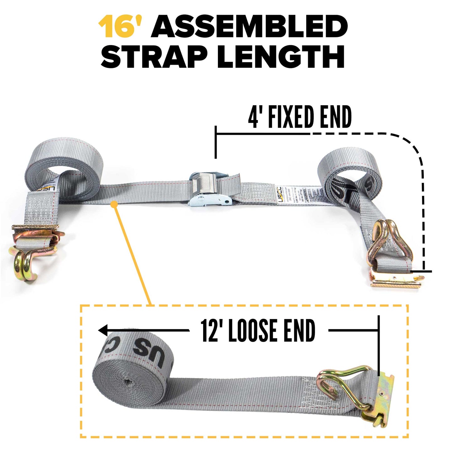 2'' x 16' Gray E-Track Cam Buckle Strap | Wire Hooks & Spring E-Fittings