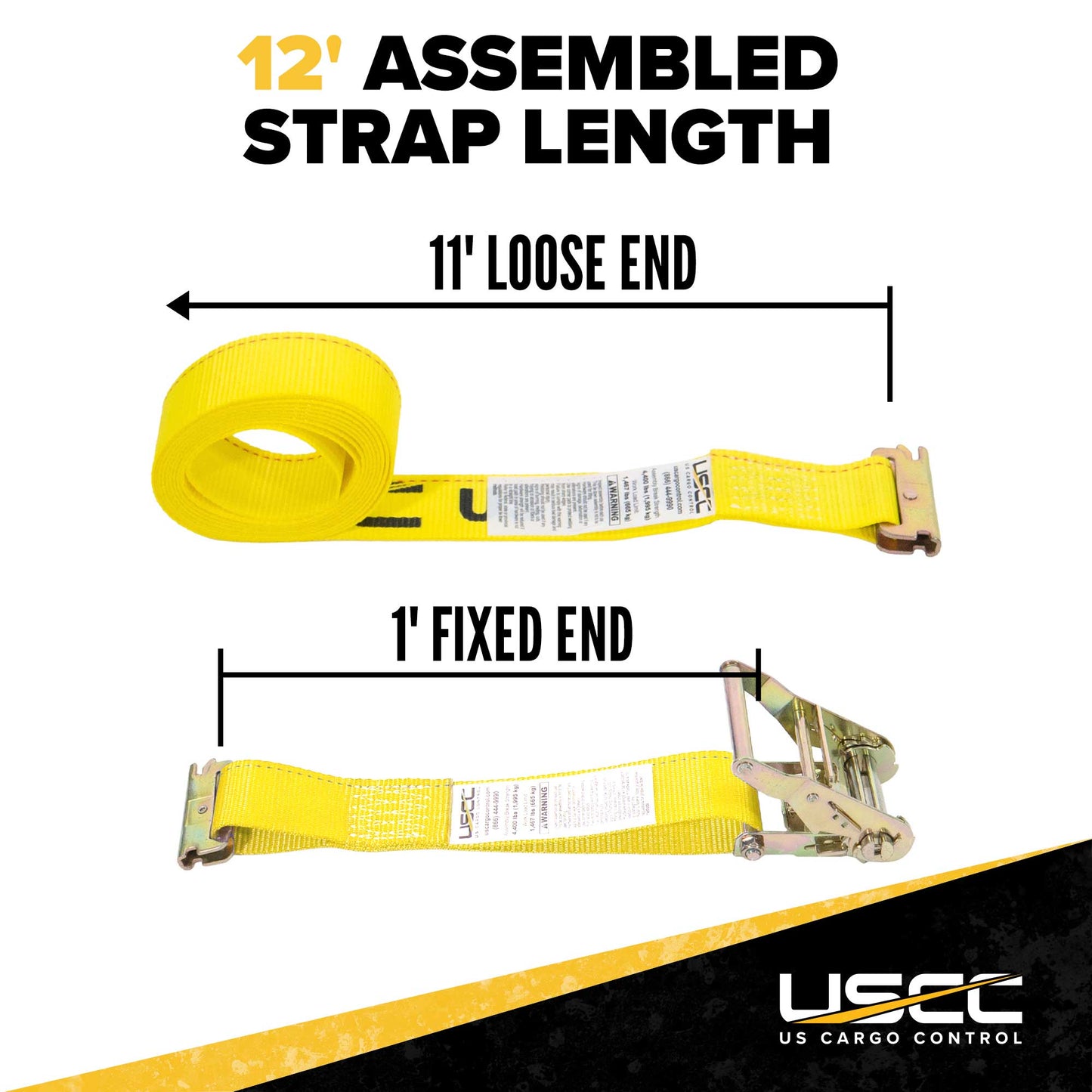 2" x 12' Yellow E-Track Ratchet Strap | 1' Fixed End
