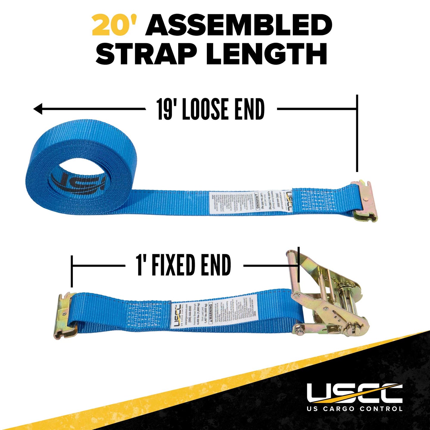 2" x 20' Blue E-Track Ratchet Strap | 1' Fixed End