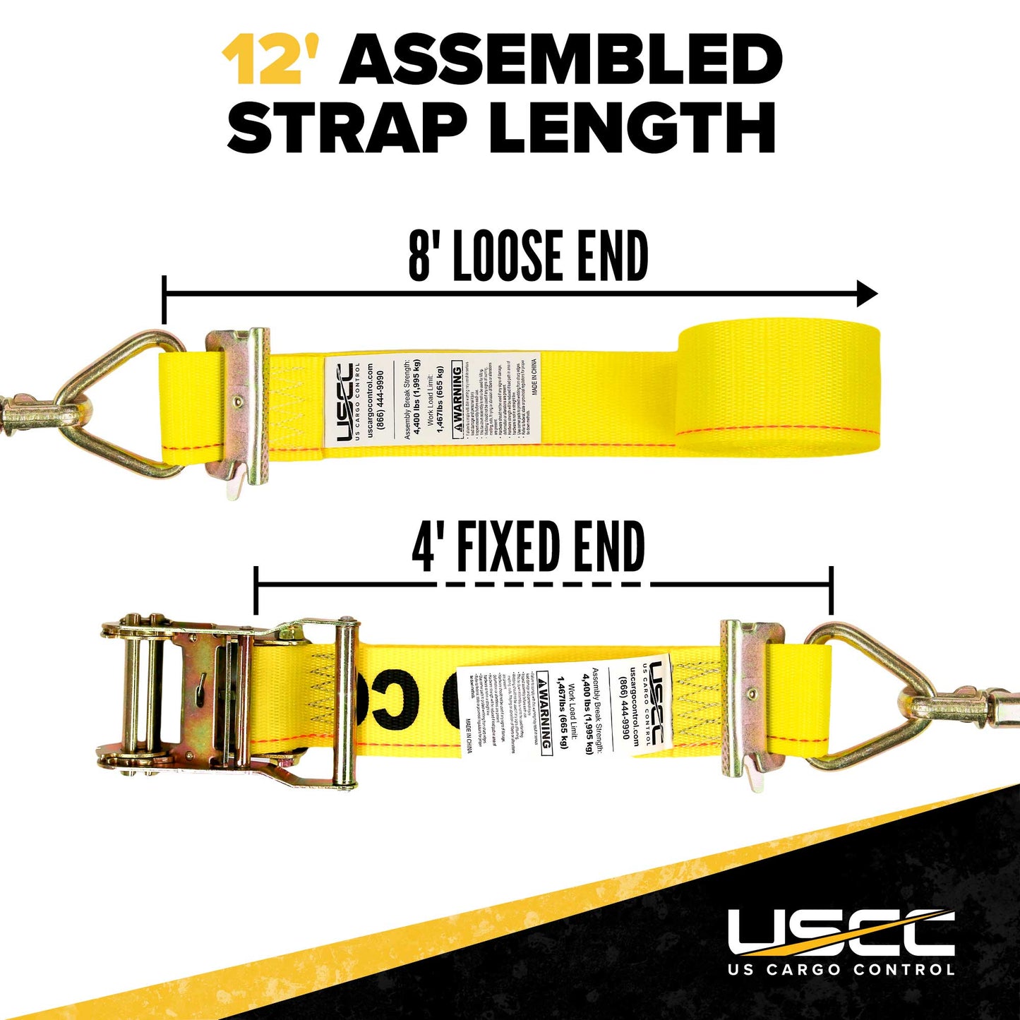 2" x 12' Yellow E-Track Ratchet Strap | Double Stud & Spring E-Fittings