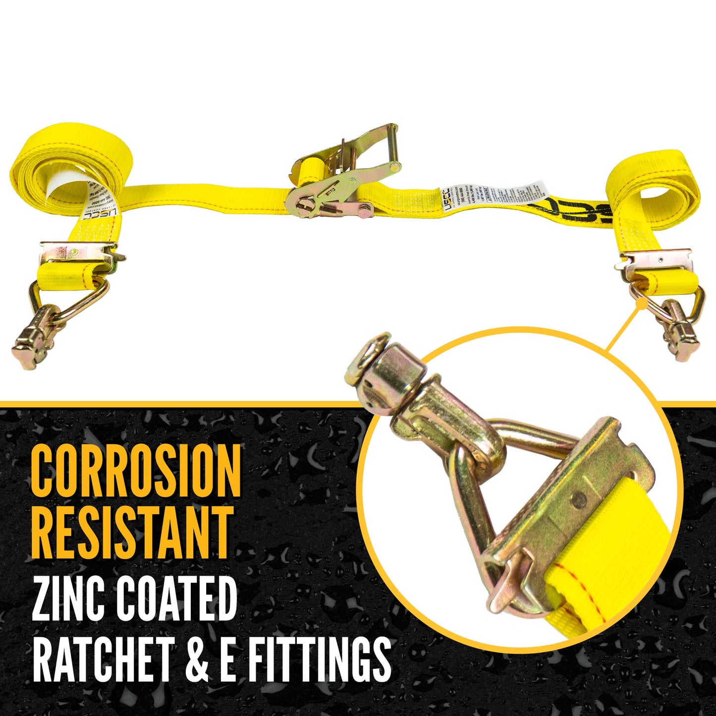2" x 12' Yellow E-Track Ratchet Strap | Double Stud & Spring E-Fittings