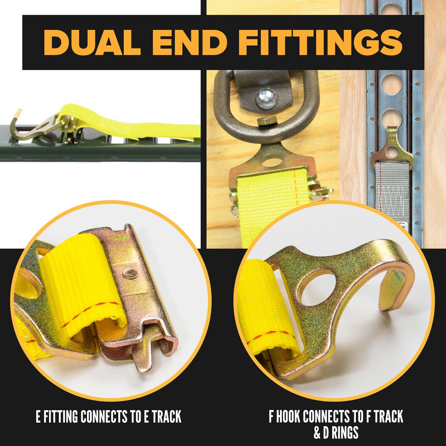 2" x 12' Yellow E-Track Ratchet Strap | F-Hooks & Spring E-Fittings