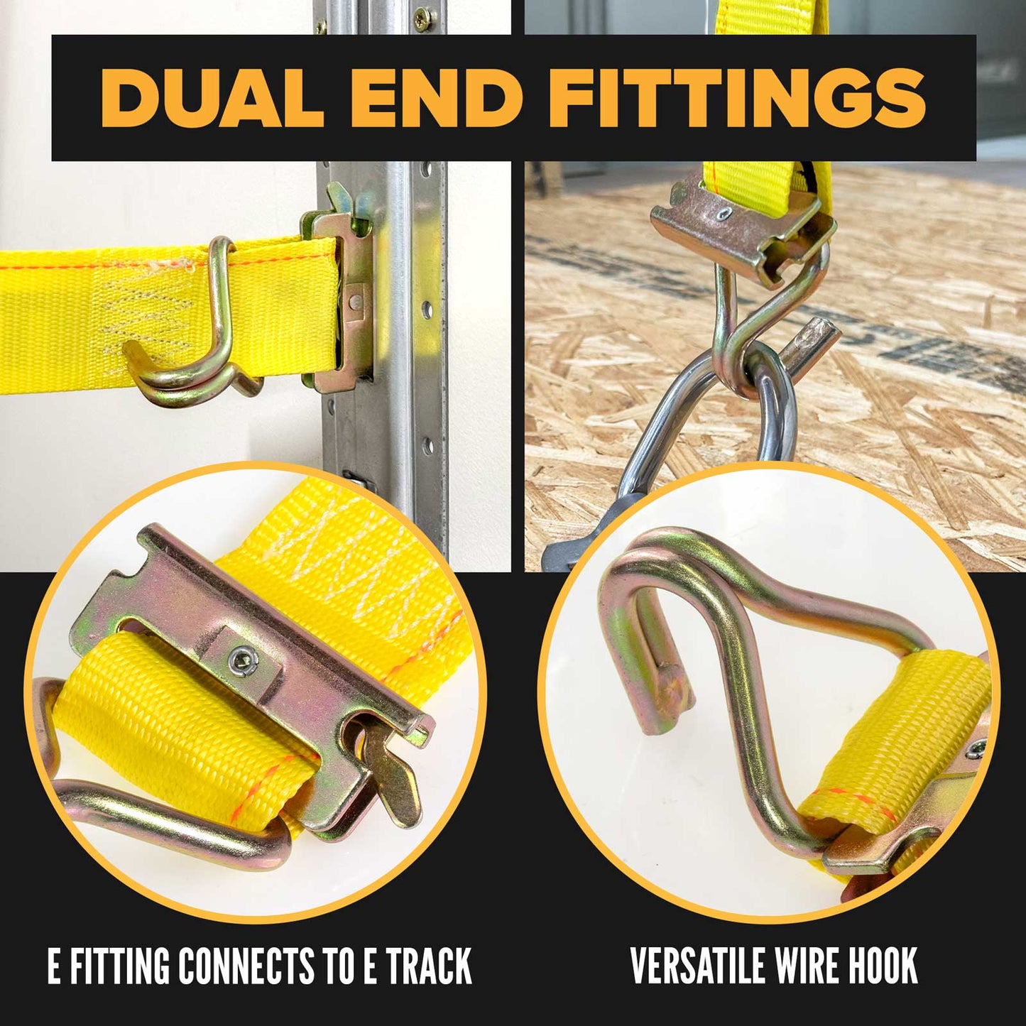 2'' x 12' Yellow E-Track Ratchet Strap | Wire Hooks & Spring E-Fittings
