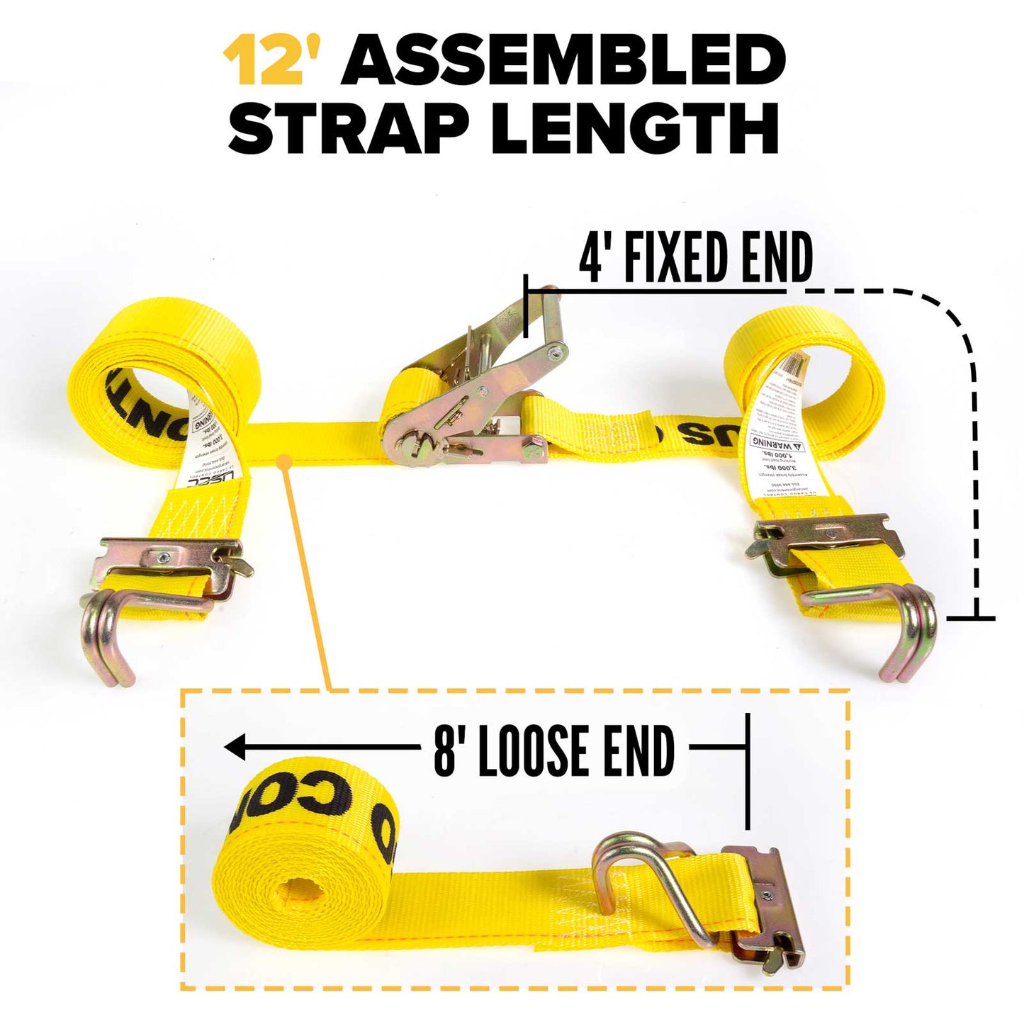 2'' x 12' Yellow E-Track Ratchet Strap | Wire Hooks & Spring E-Fittings
