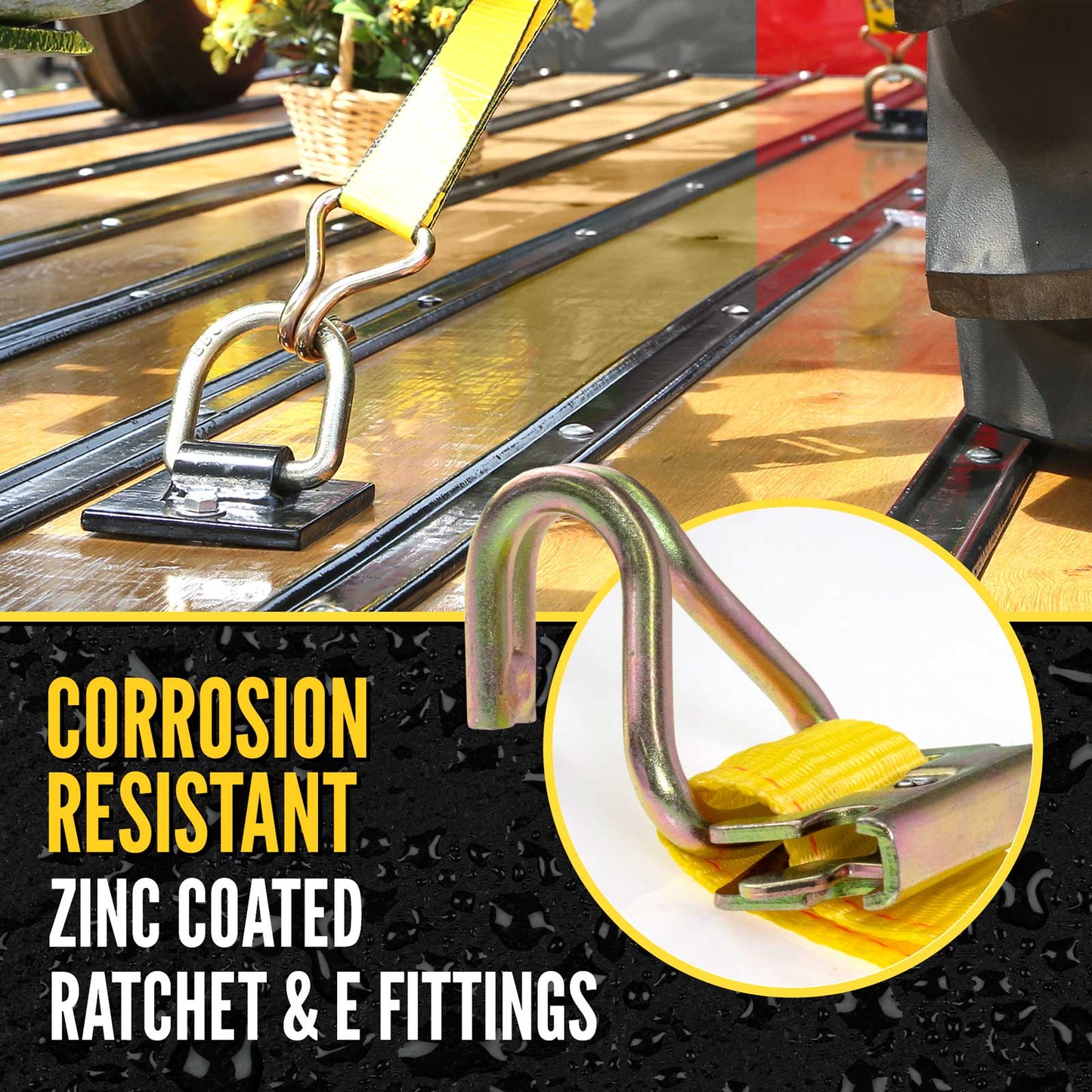 2'' x 12' Yellow E-Track Ratchet Strap | Wire Hooks & Spring E-Fittings