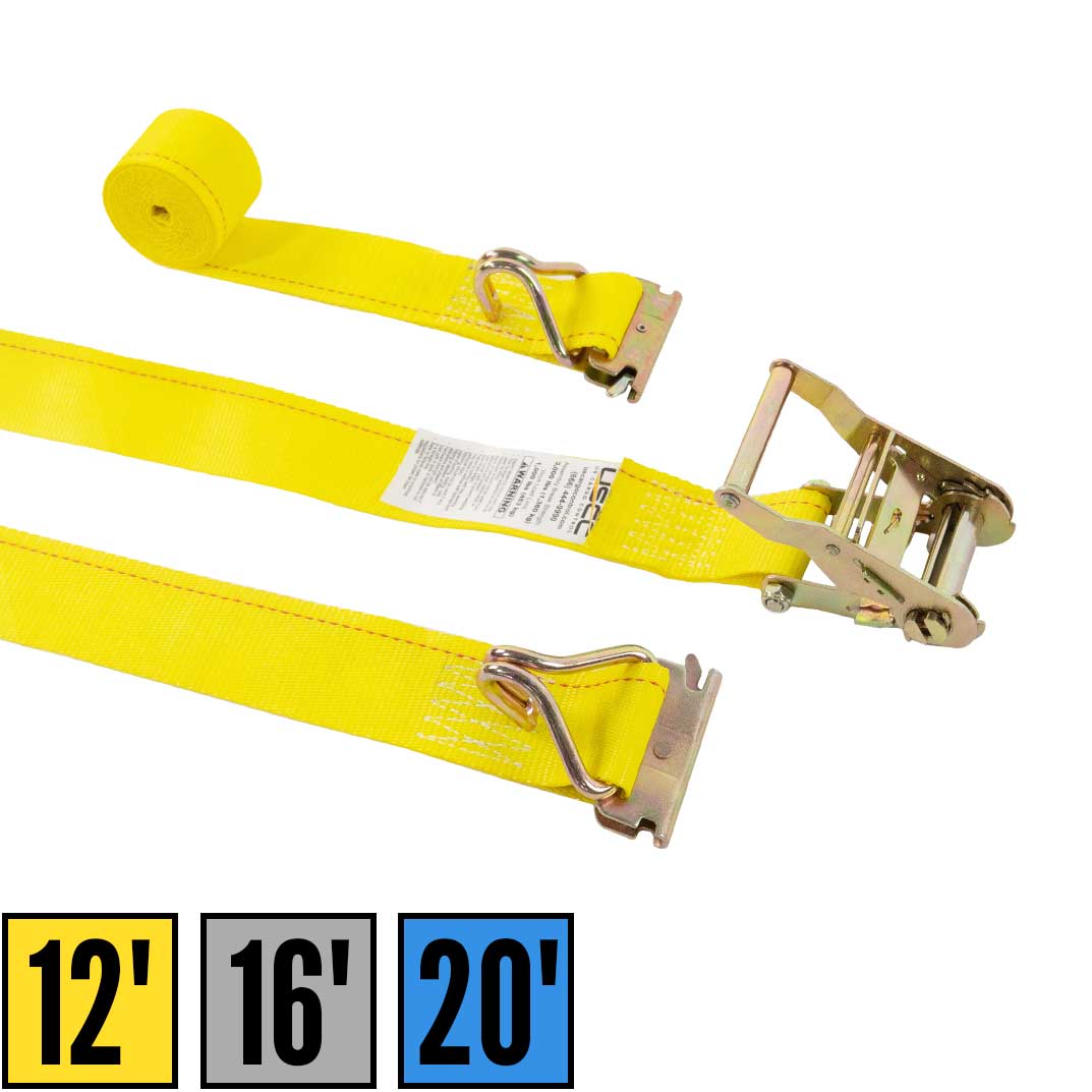 2'' x 12' Yellow E-Track Ratchet Strap | Wire Hooks & Spring E-Fittings