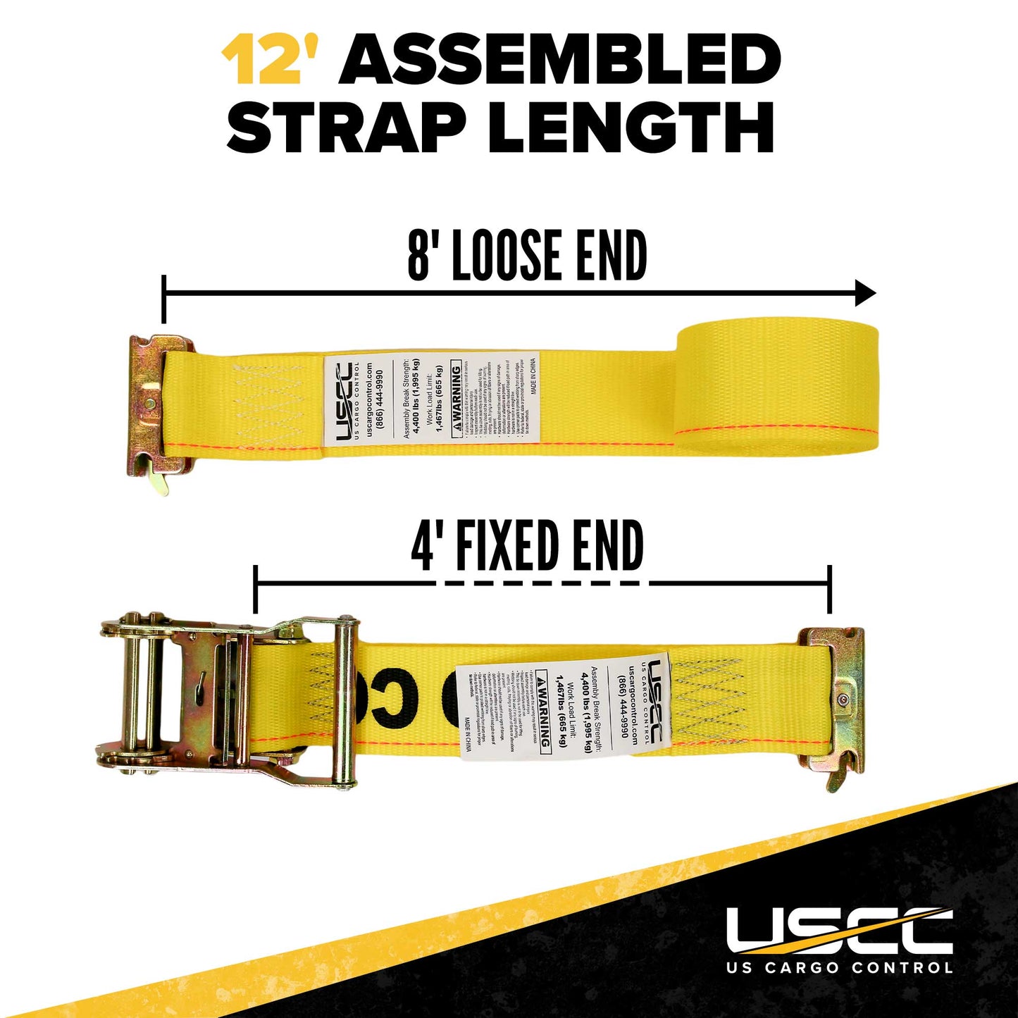 2" x 12' Yellow E-Track Ratchet Strap | Standard 4' Fixed End