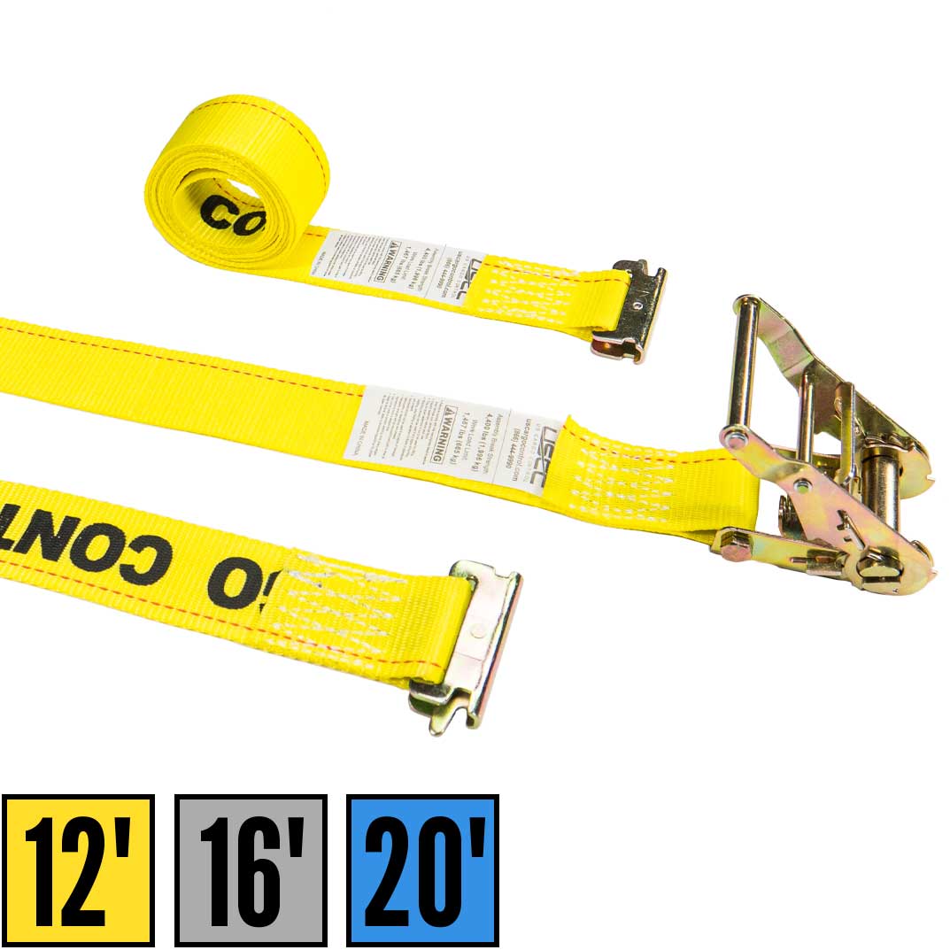 2" x 12' Yellow E-Track Ratchet Strap | Standard 4' Fixed End