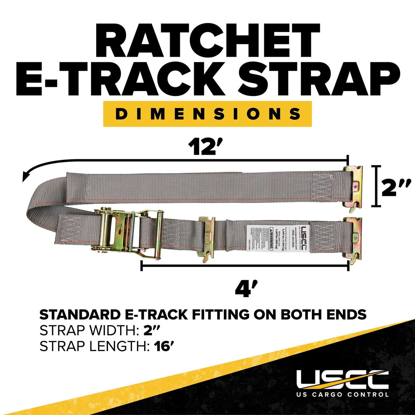 2" x 16' Gray E-Track Ratchet Strap | Double-Fitted End