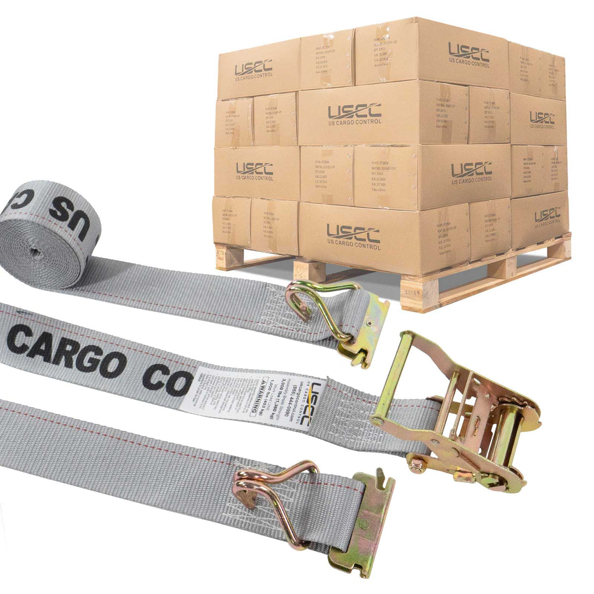 2'' x 16' Gray E-Track Ratchet Strap | Wire Hooks & Spring E-Fittings | 600-Pack (Pallet)
