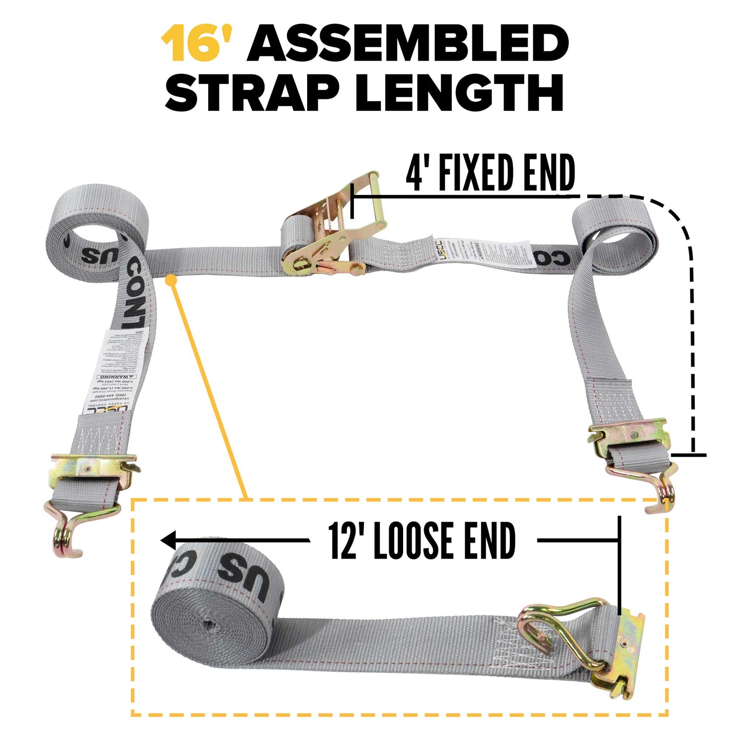 2'' x 16' Gray E-Track Ratchet Strap | Wire Hooks & Spring E-Fittings