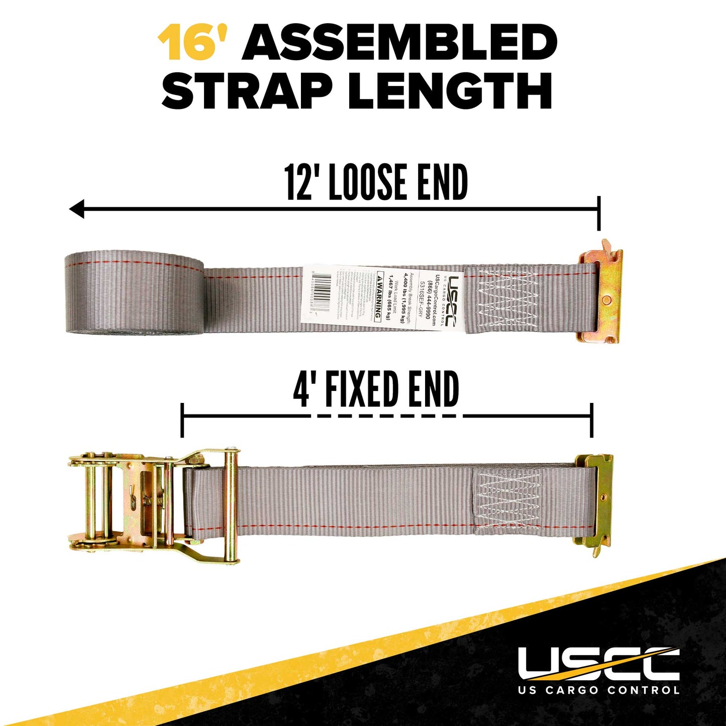 2" x 16' Gray E-Track Ratchet Strap | Standard 4' Fixed End