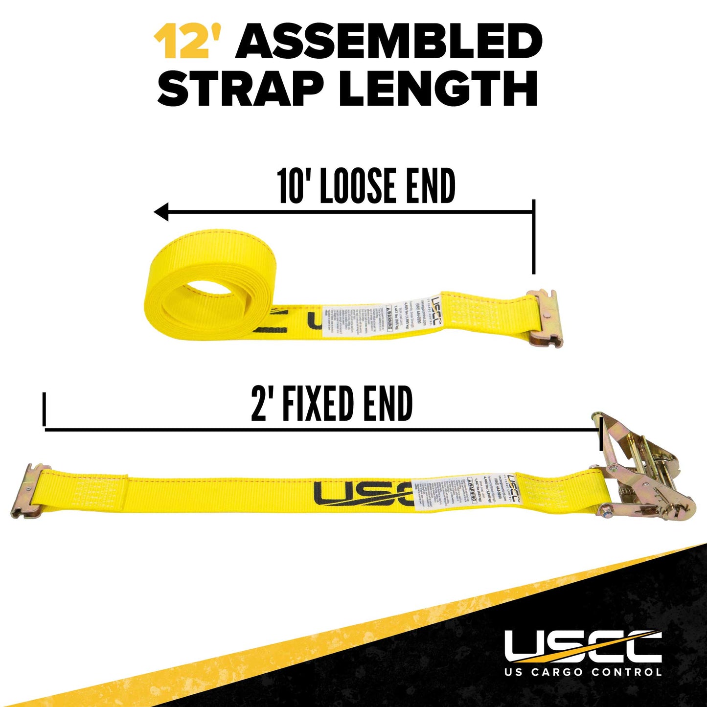 2" x 12' Yellow E-Track Ratchet Strap | 2' Fixed End