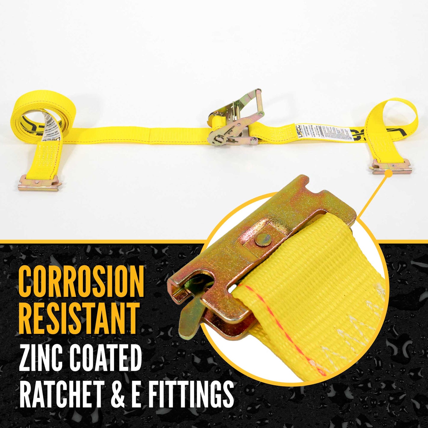 2" x 12' Yellow E-Track Ratchet Strap | 2' Fixed End