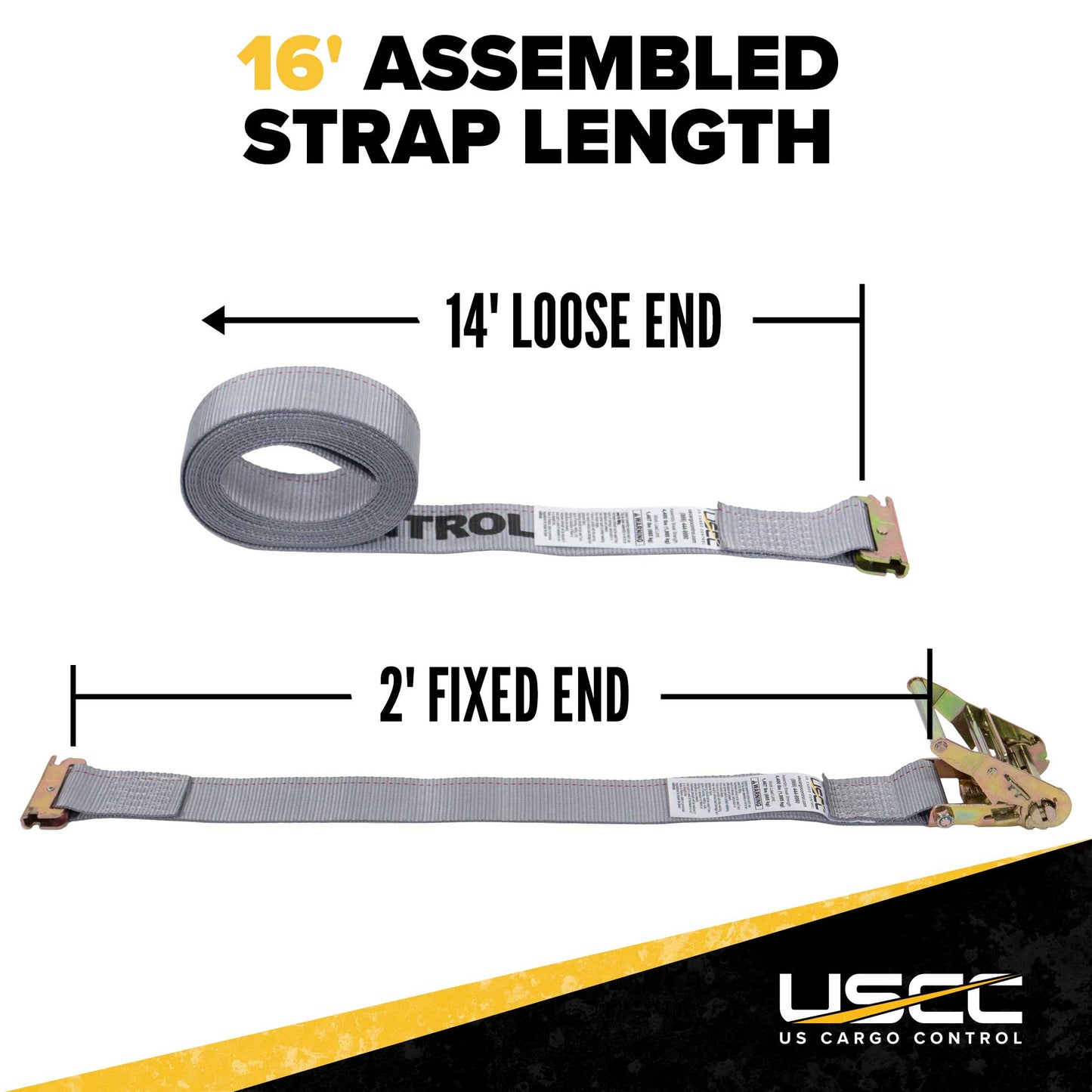 2" x 16' Gray E-Track Ratchet Strap | 2' Fixed End