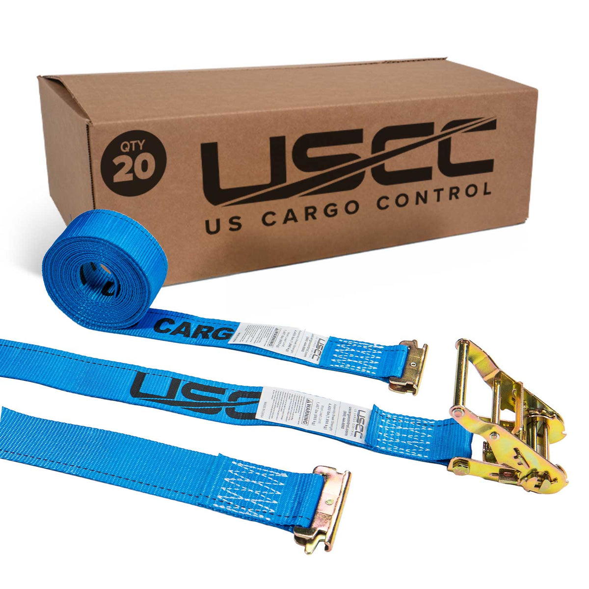 2" x 20' Blue E-Track Ratchet Strap | Standard 4' Fixed End | 20-Pack
