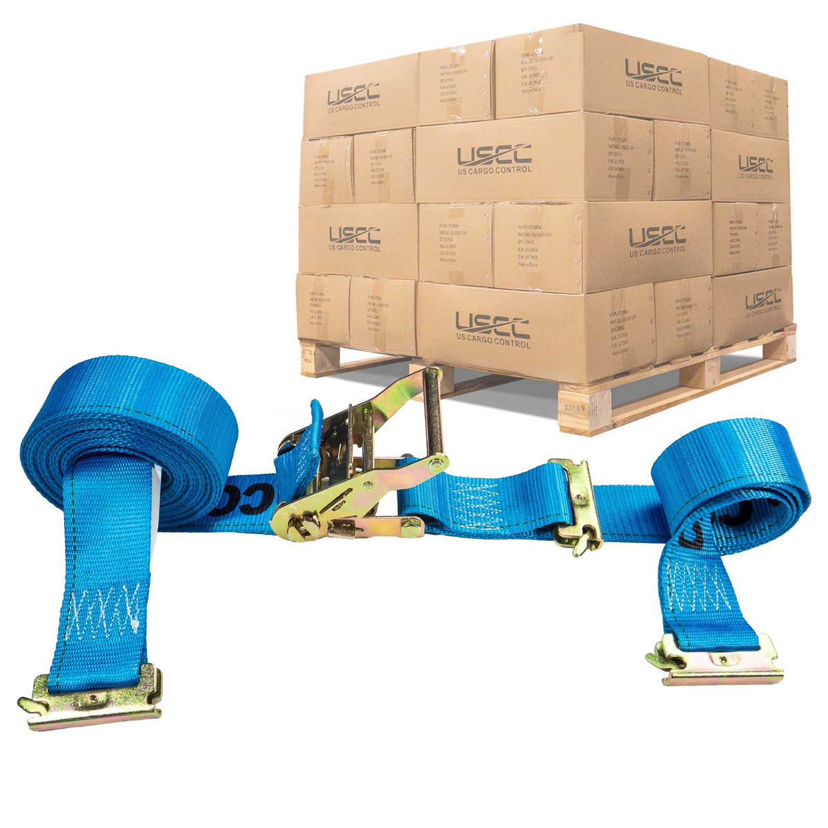 2" x 20' Blue E-Track Ratchet Strap | Double-Fitted End | 720-Pack (Pallet)