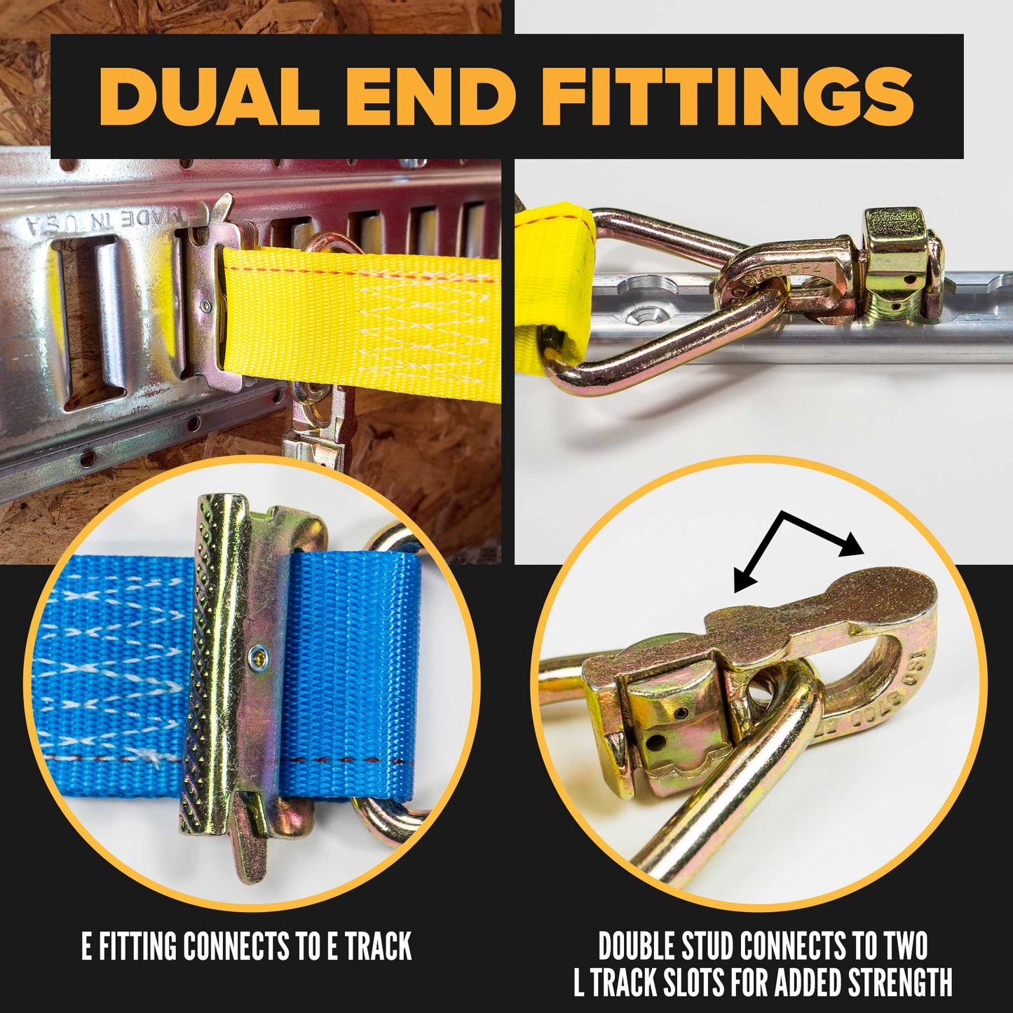 2" x 20' Blue E-Track Ratchet Strap | Double Stud & Spring E-Fittings