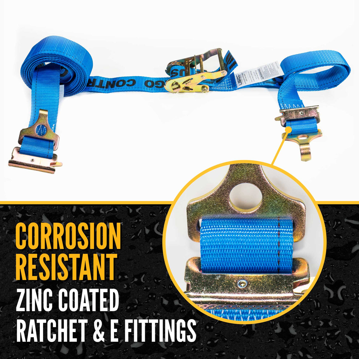 2" x 20' Blue E-Track Ratchet Strap | F-Hooks & Spring E-Fittings