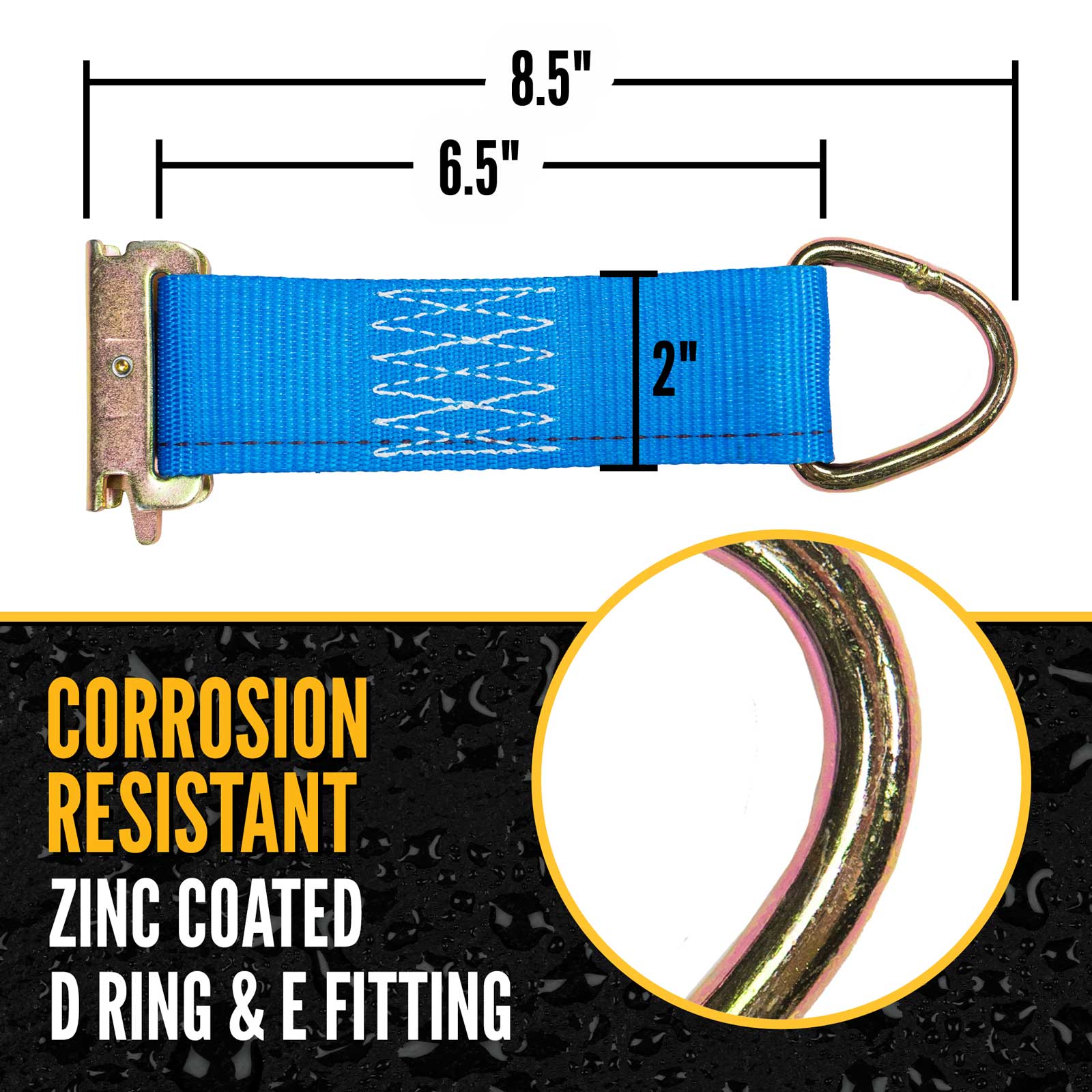  corrosion resistant hardware. 6" long with 2" webbing