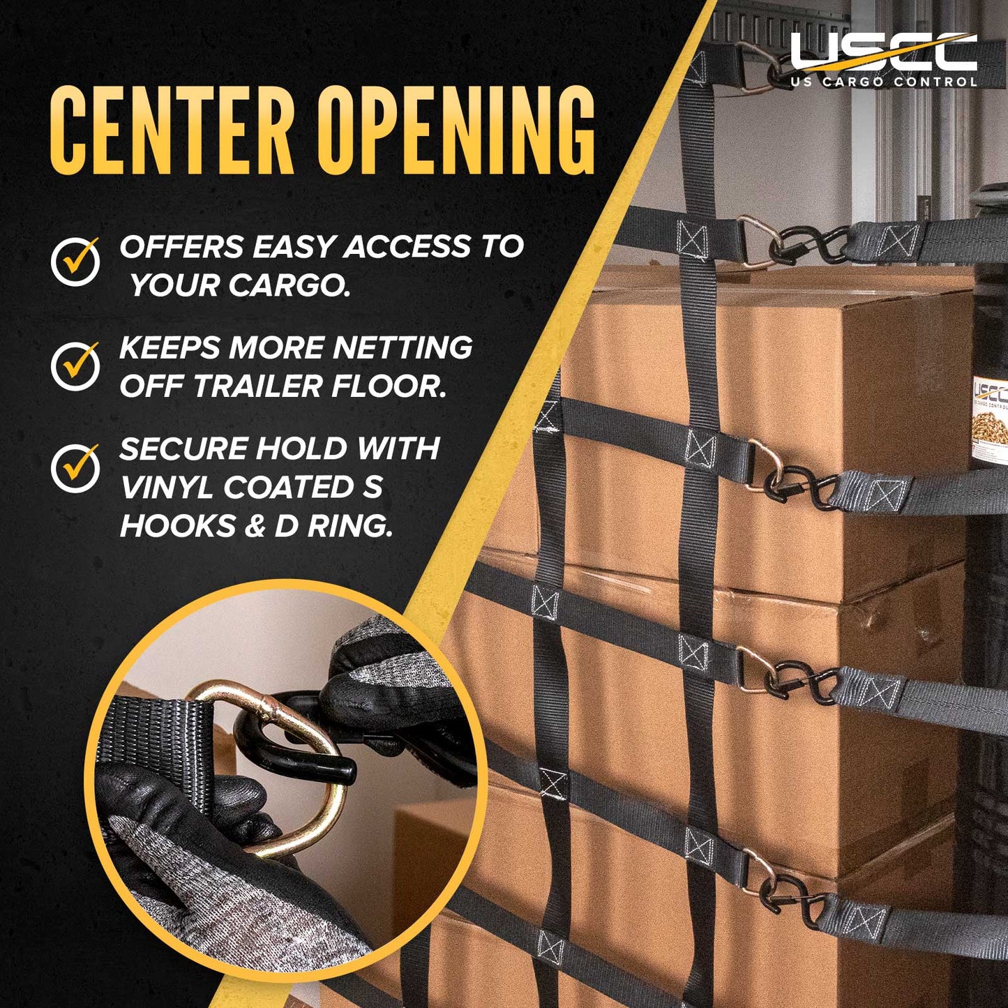 82" x 82" Heavy-Duty Cargo Net with Center Opening | Cam Buckles & E-Track Fittings