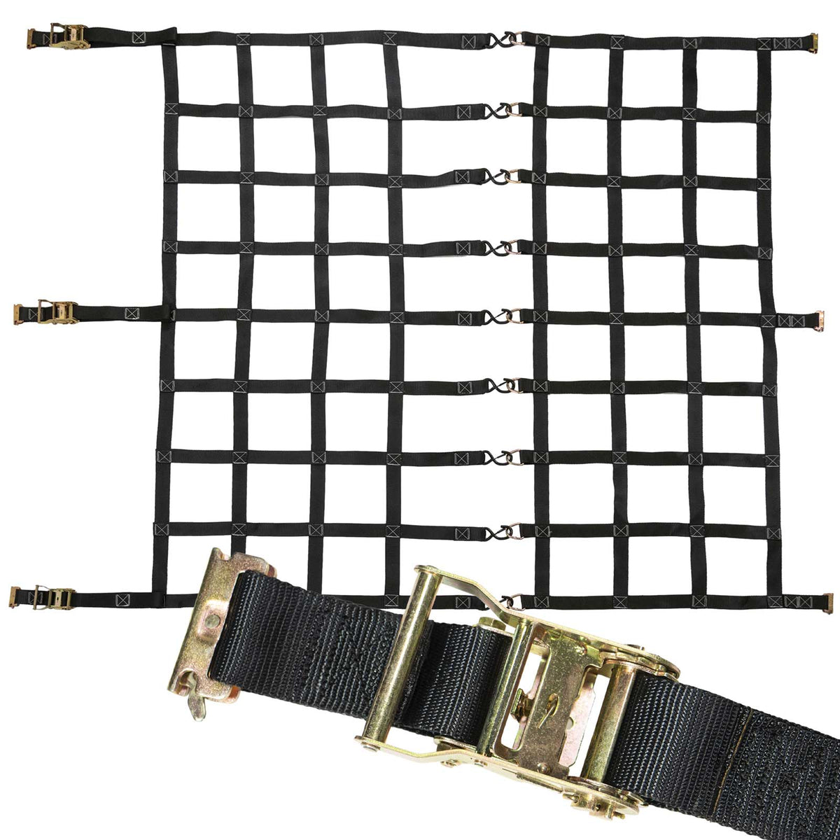 82" x 82" Heavy-Duty Cargo Net with Center Opening | Ratchets & E-Track Fittings