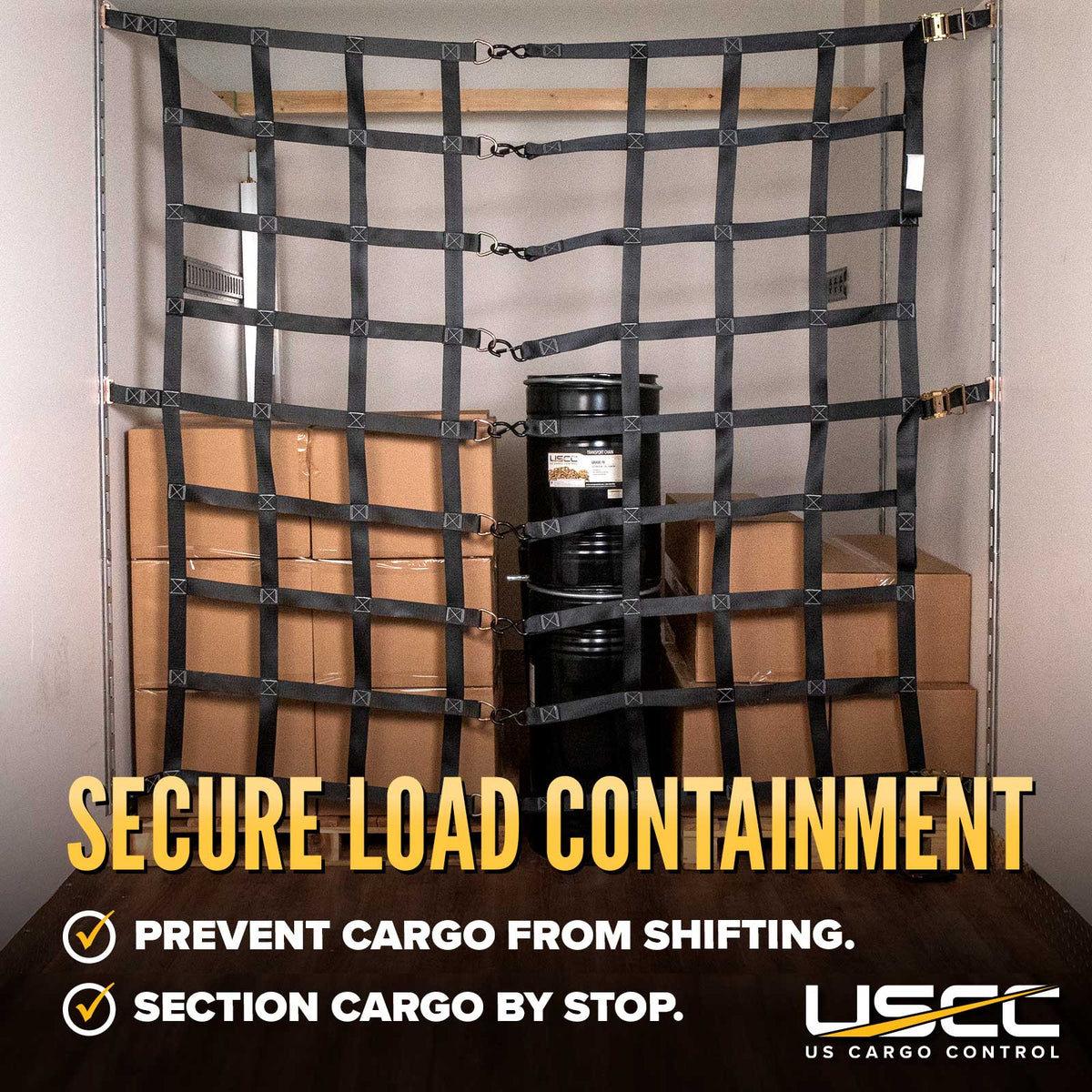 82" x 82" Heavy-Duty Cargo Net with Center Opening | Ratchets & E-Track Fittings