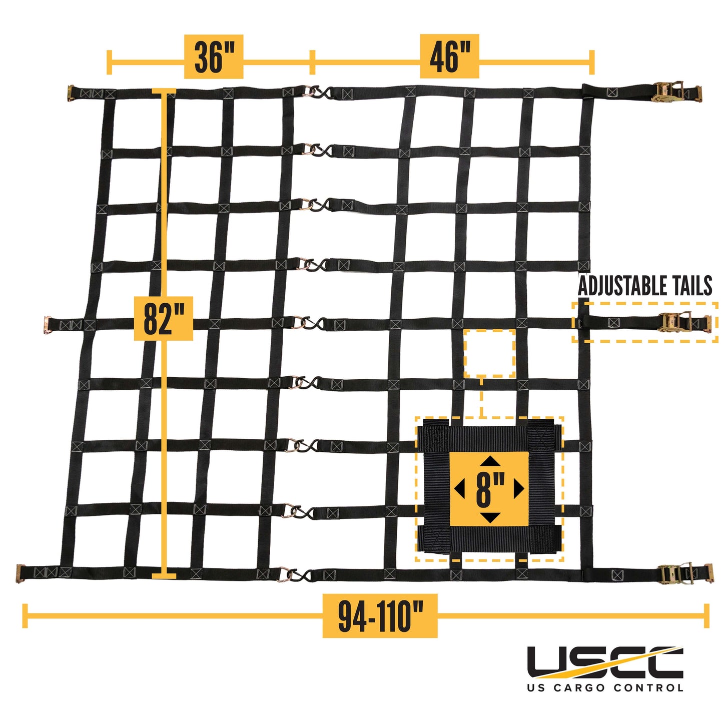 82" x 82" Heavy-Duty Cargo Net with Center Opening | Ratchets & E-Track Fittings