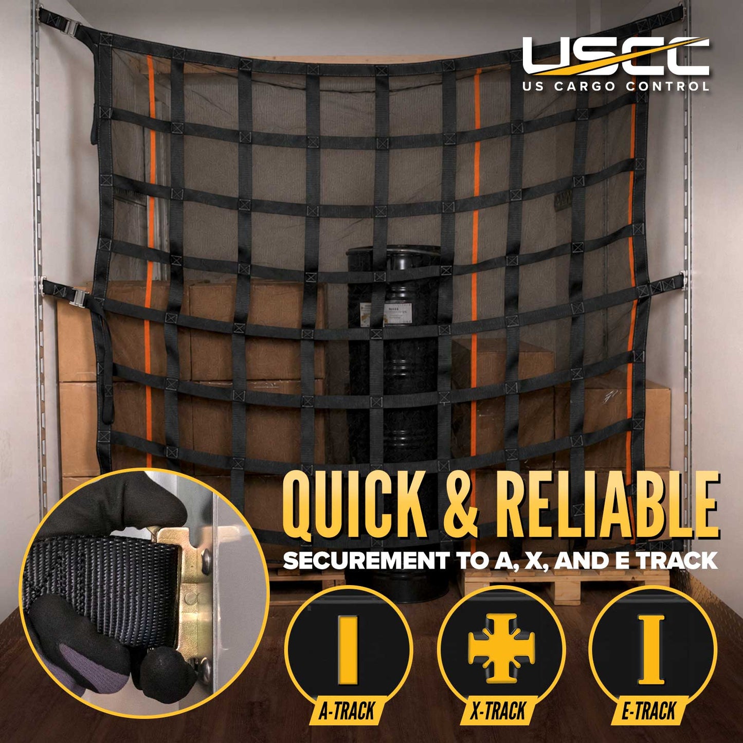 82" x 82" Heavy-Duty Cargo Net with Mesh Lining | Cam Buckles & E-Track Fittings