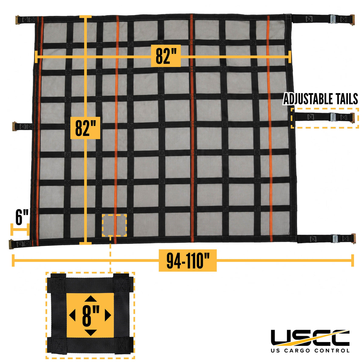 82" x 82" Heavy-Duty Cargo Net with Mesh Lining | Cam Buckles & E-Track Fittings