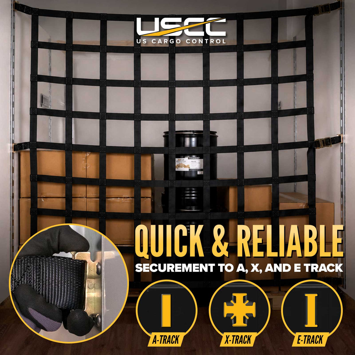 82" x 82" Heavy-Duty Cargo Net with Mesh Lining | Ratchets & E-Track Fittings