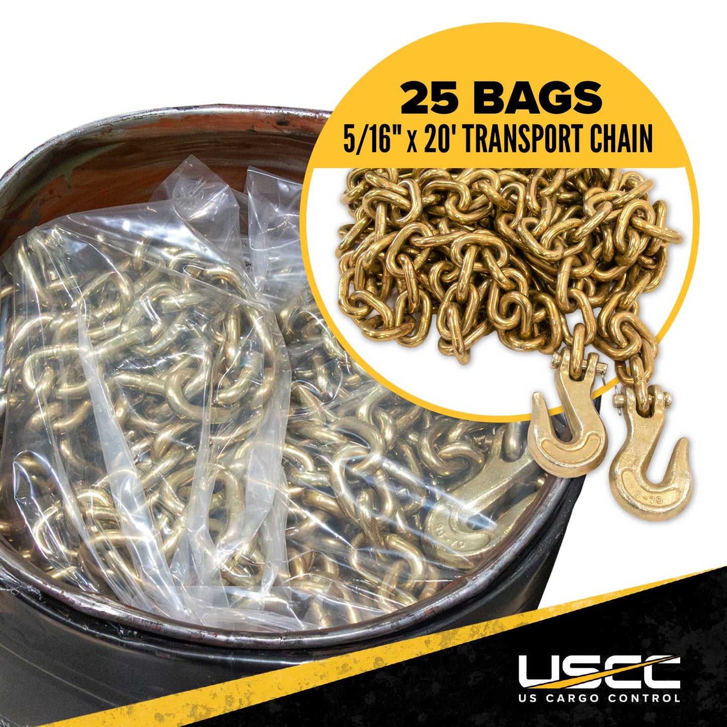 5/16" x 20' Grade 70 Transport Chain with Clevis Grab Hooks | 25-Pack (Drum)