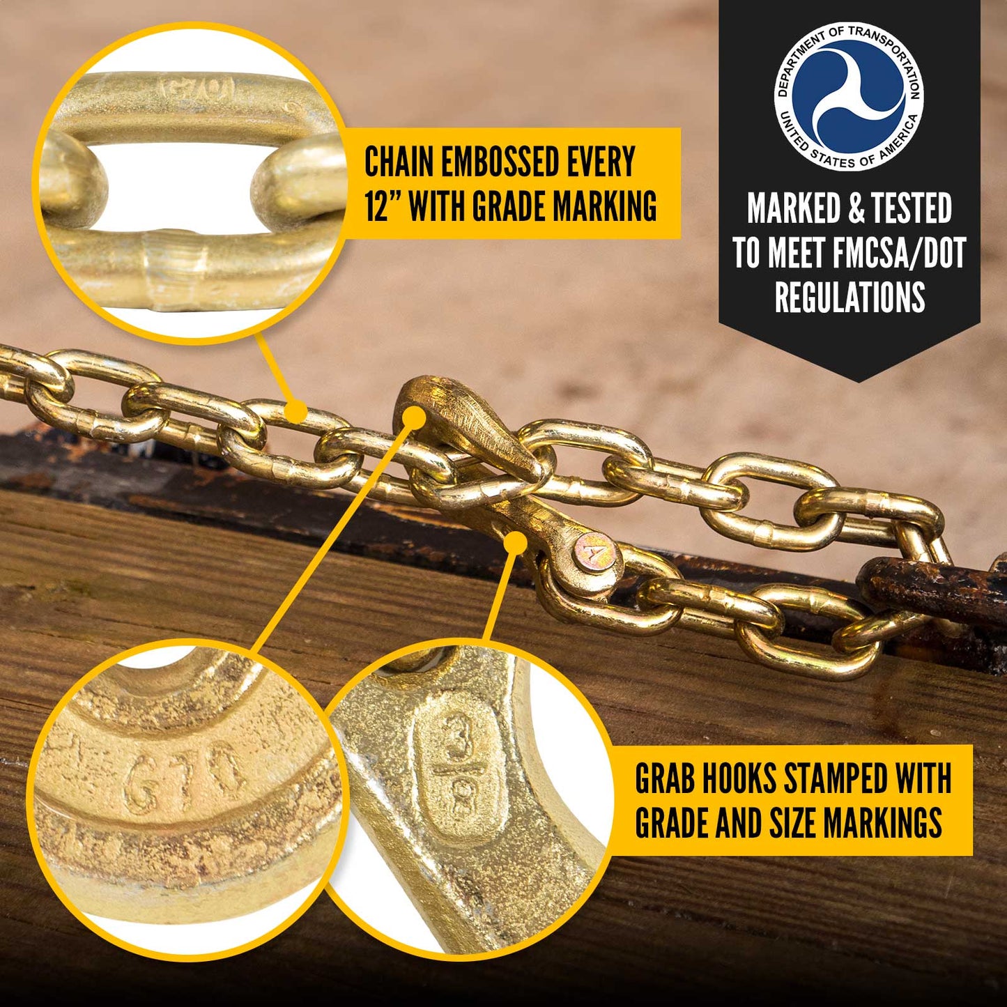 3/8" X 10' Grade 70 Transport Chain with Clevis Grab Hooks