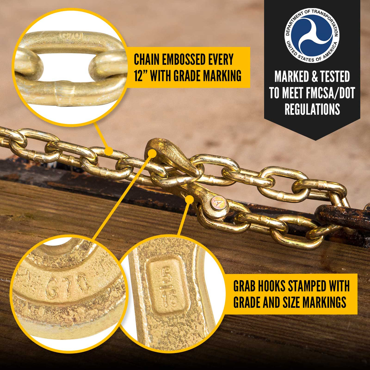 5/16" x 16' Grade 70 Transport Chain with Clevis Grab Hooks | 25-Pack (Drum)