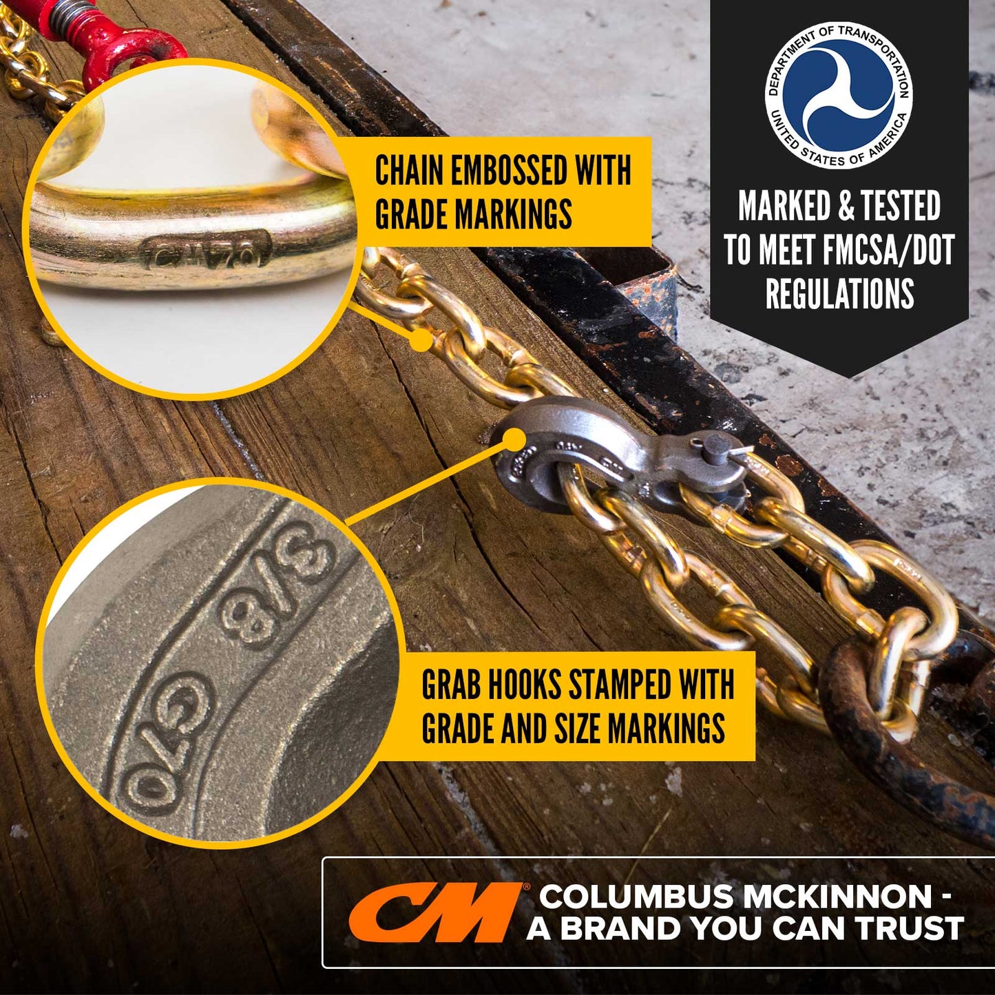 3/8" x 16' CM® Grade 70 Transport Chain with Clevis Grab Hooks | Made in USA