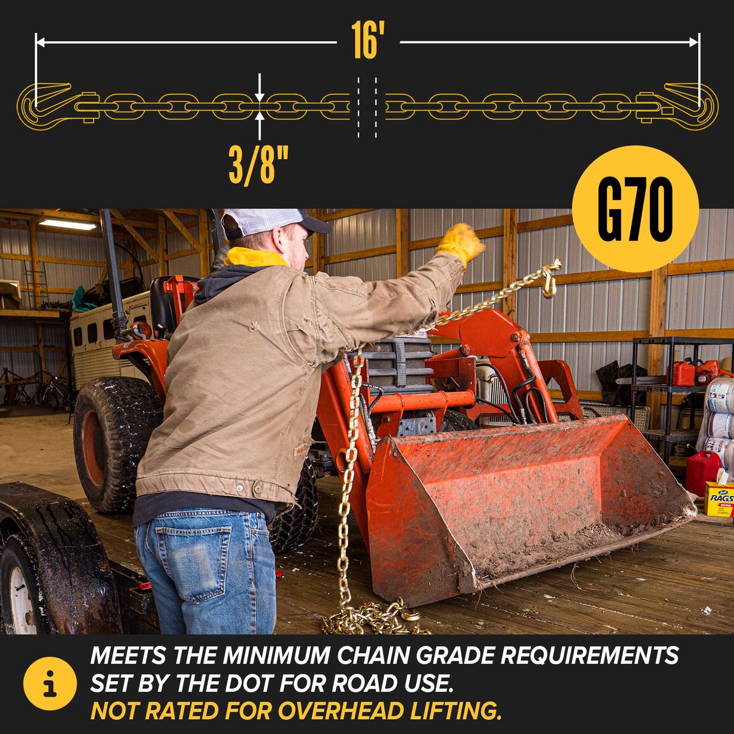 3/8" x 16' CM® Grade 70 Transport Chain with Clevis Grab Hooks | Made in USA
