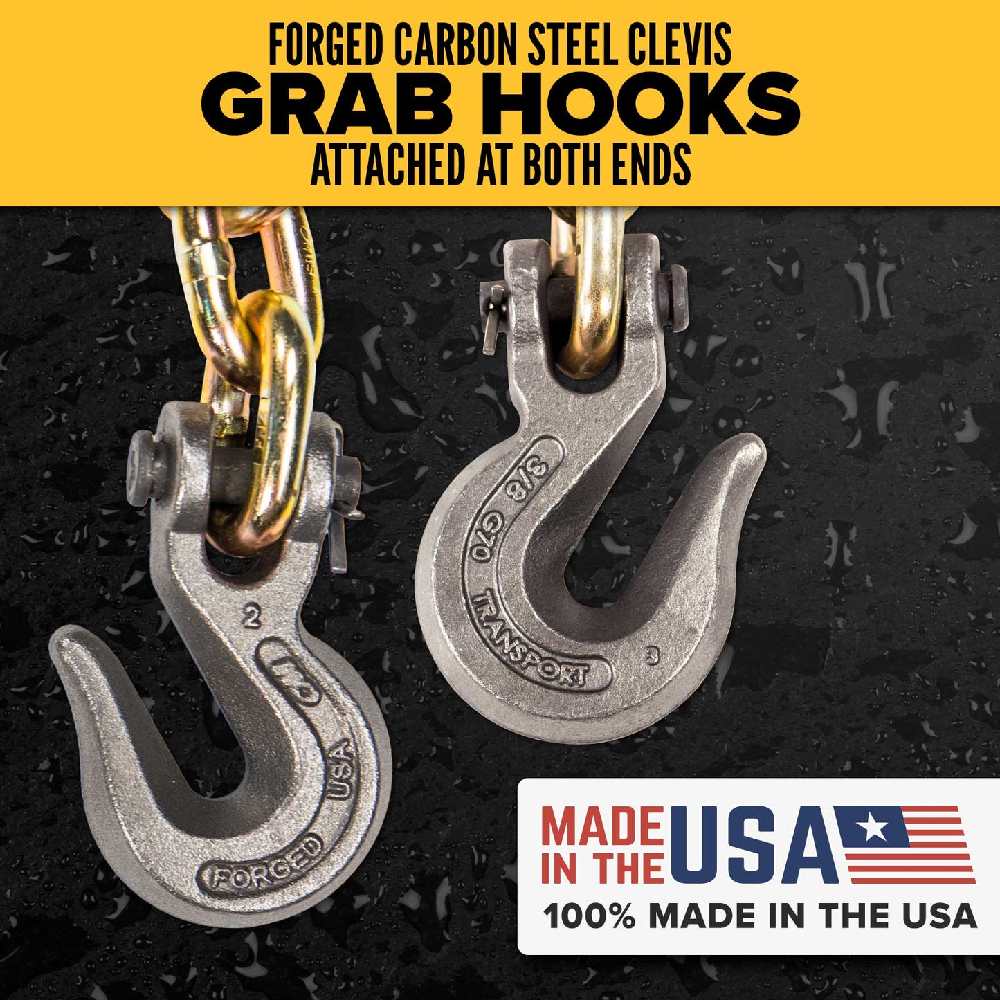 3/8" x 16' CM® Grade 70 Transport Chain with Clevis Grab Hooks | Made in USA