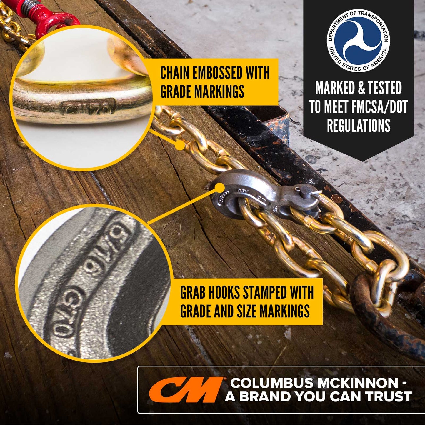 5/16" x 25' CM® Grade 70 Transport Chain with Clevis Grab Hooks | Made in USA