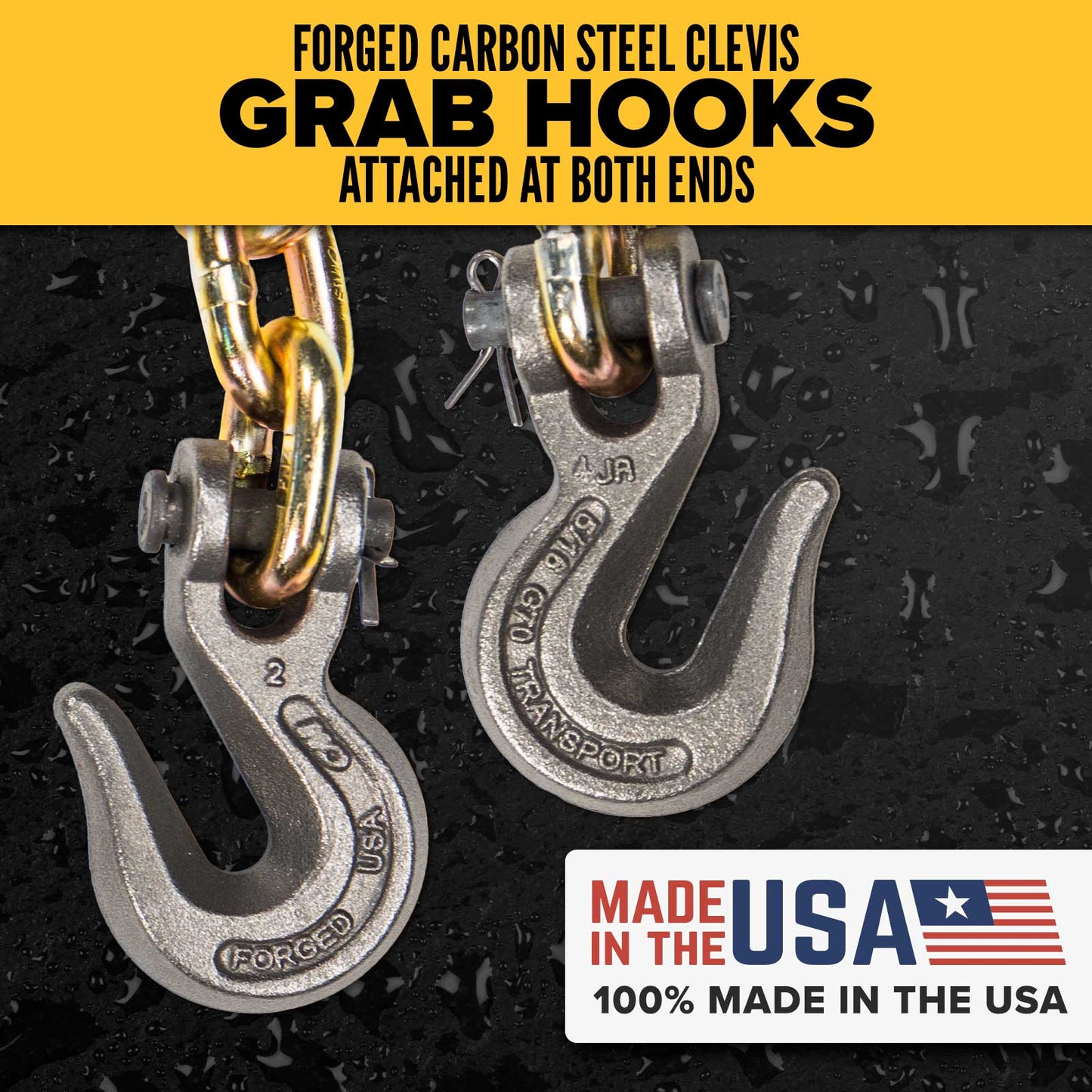 5/16" x 25' CM® Grade 70 Transport Chain with Clevis Grab Hooks | Made in USA