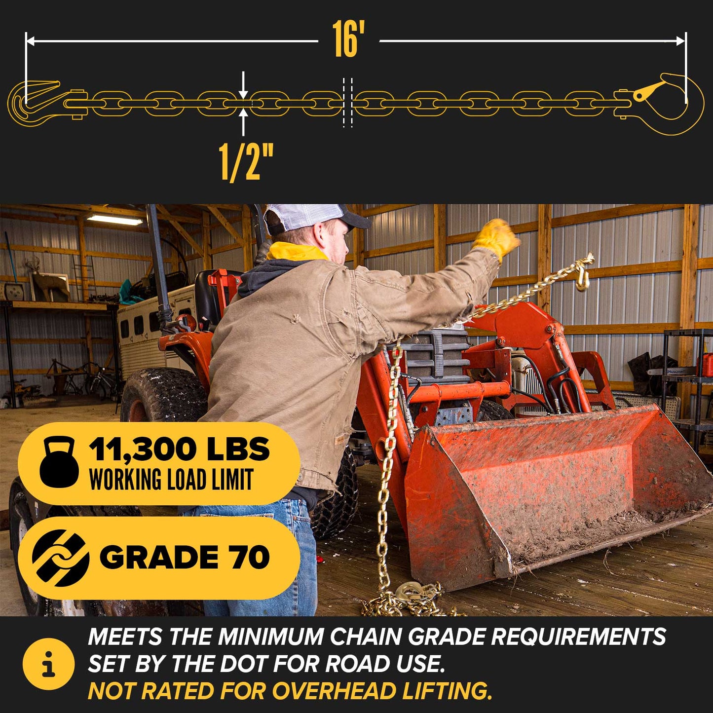 1/2" x 16' Grade 70 Transport Chain | Clevis Grab Hook & Clevis Slip Hook with Latch