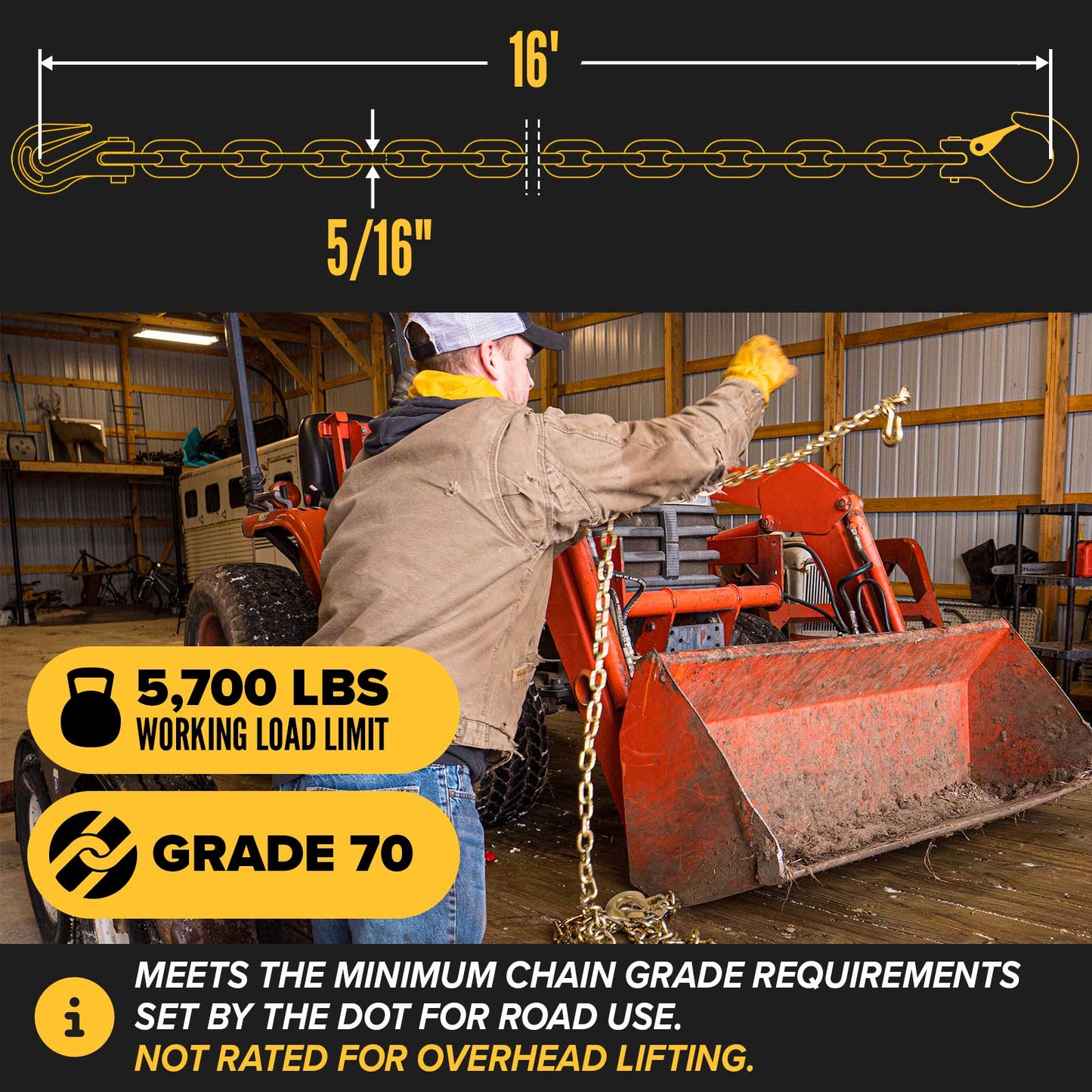 5/16" x 16' Grade 70 Transport Chain | Clevis Grab Hook & Clevis Slip Hook with Latch