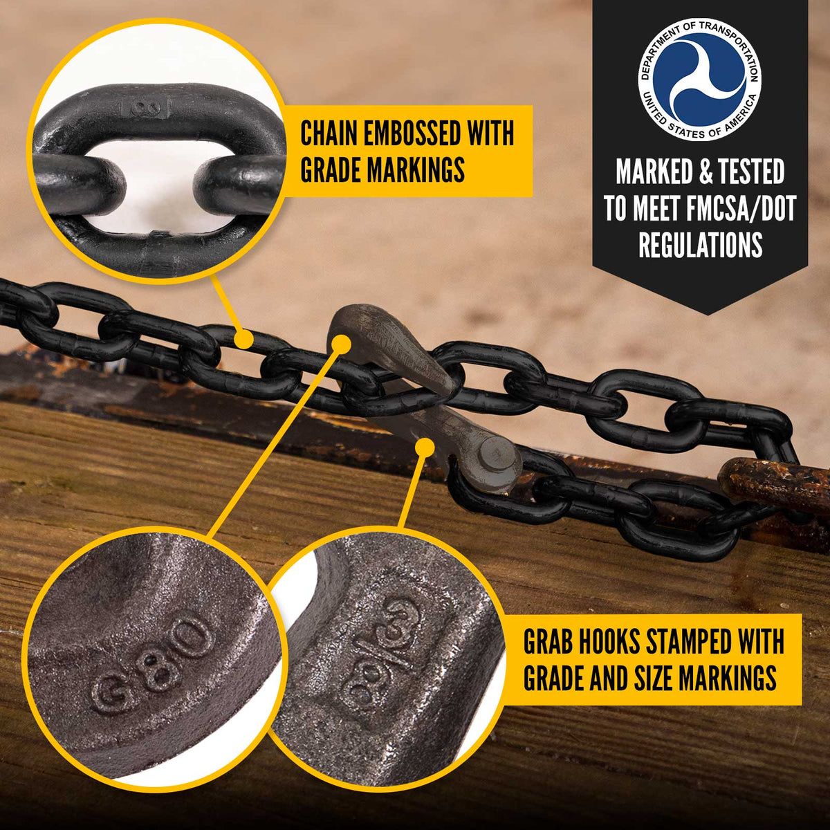 3/8" x 20' Tie Down Chain with Clevis Grab Hooks | Grade 80