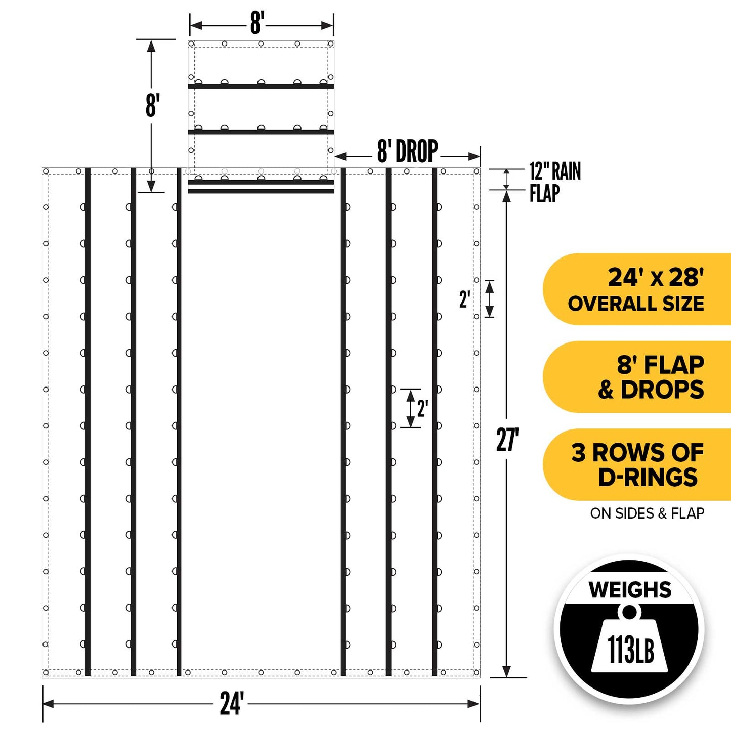 24' x 28' Heavy Duty Lumber Tarp | 8' Drop & Flap - 18 oz. Black Tarp